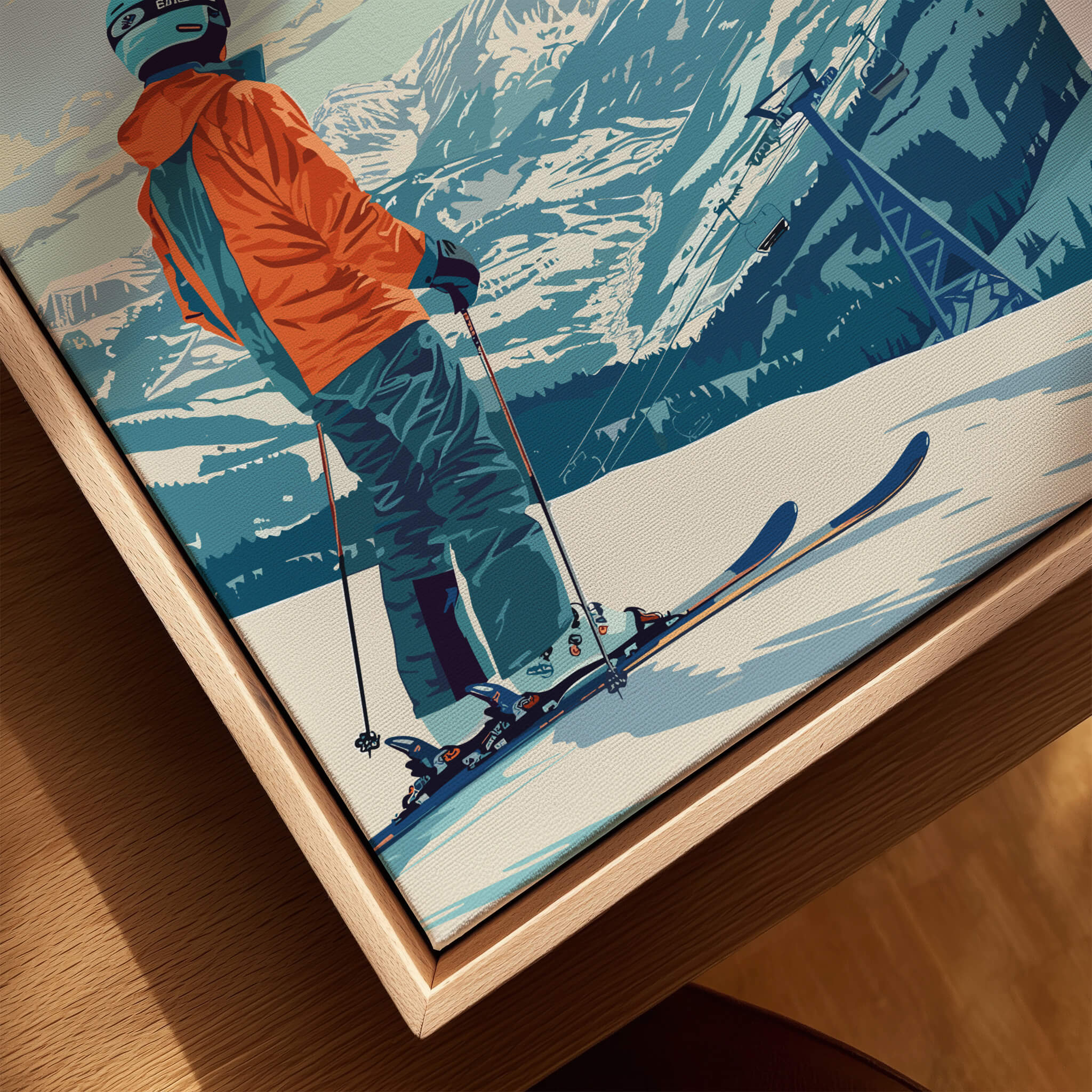 Breckenridge Travel Poster -  Colorado featuring a skier in vibrant orange gear on a snowy mountain.