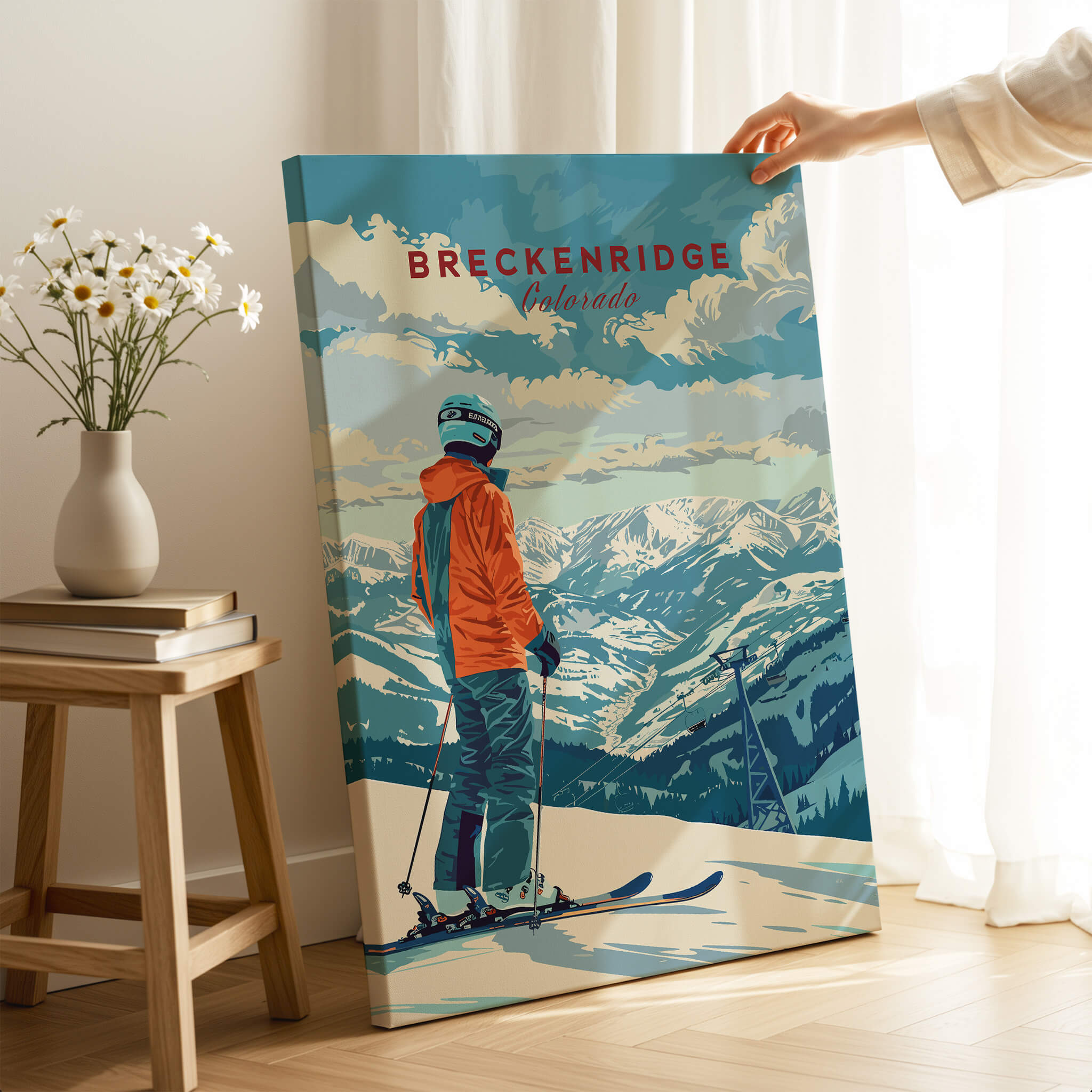 Breckenridge Travel Poster - Colorado showcasing a skier against a stunning mountain backdrop.