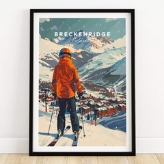Breckenridge Ski Poster featuring a skier overlooking the mountainous landscape of Breckenridge, Colorado.