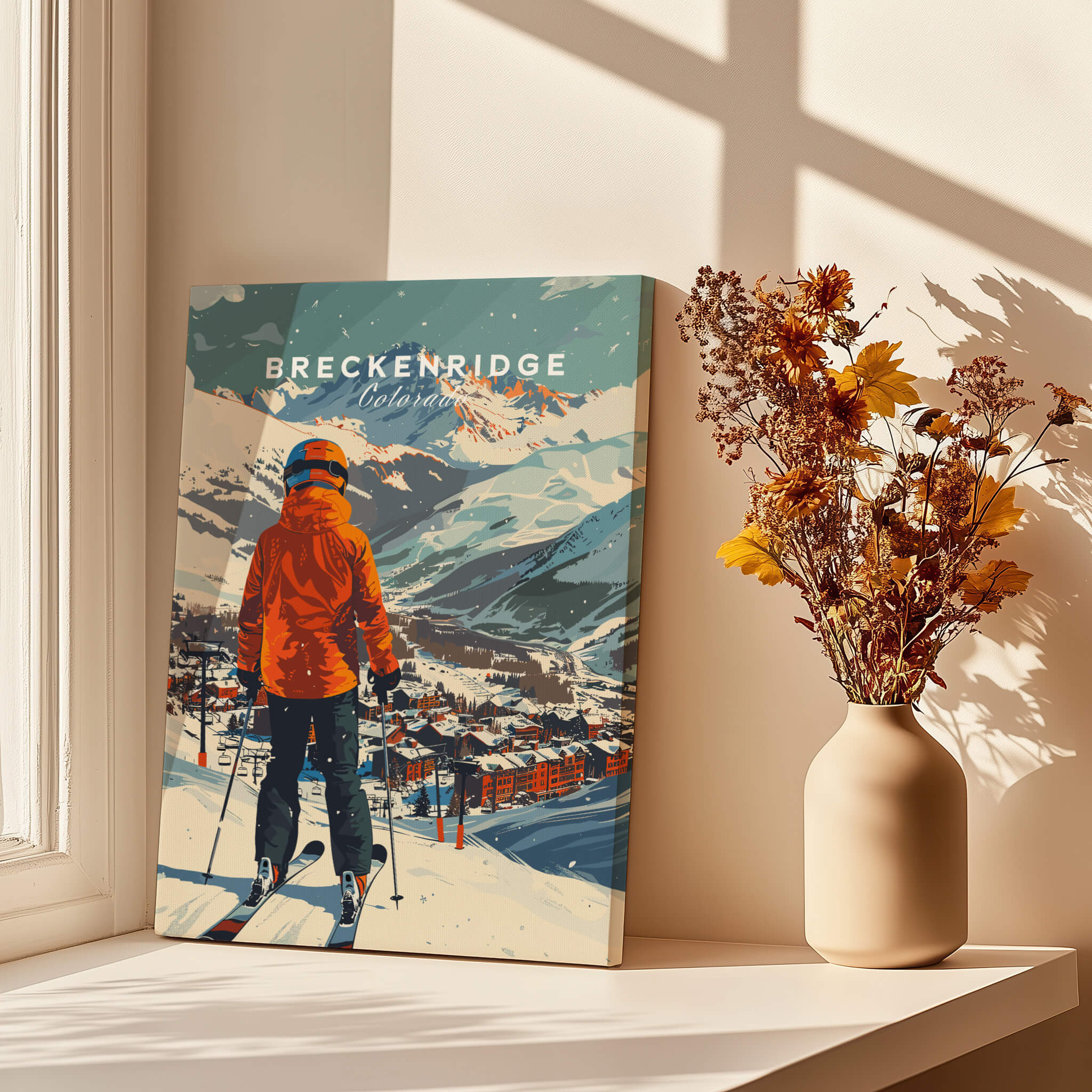 Breckenridge Ski Poster featuring a skier overlooking a mountain town with a warm color palette and sunlit shadows.