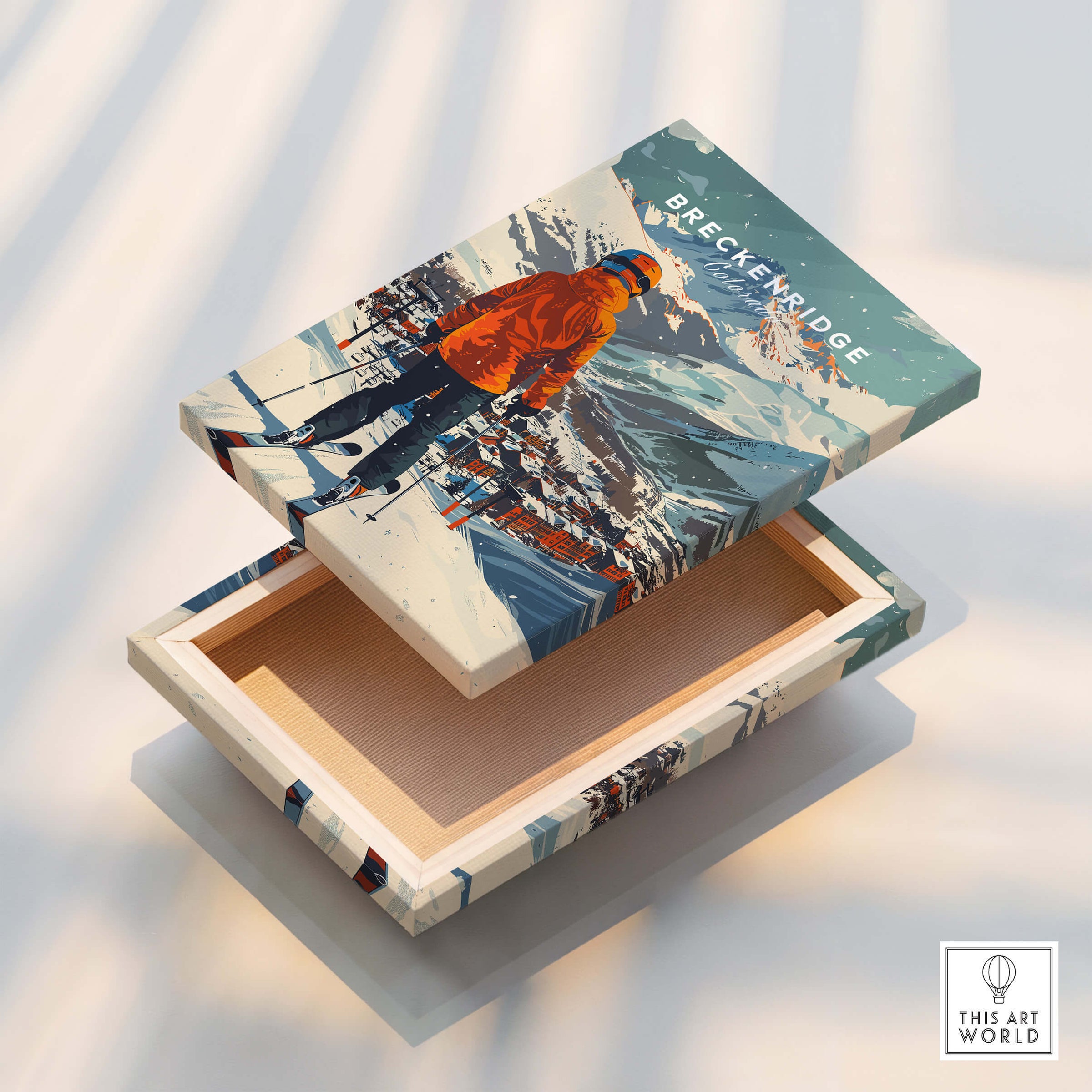 Breckenridge Ski Poster design showcasing skier against a mountain backdrop, perfect for ski enthusiasts.