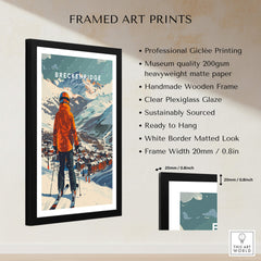 Breckenridge Ski Poster featuring a skier on a mountain with a handmade wooden frame and professional giclée printing.
