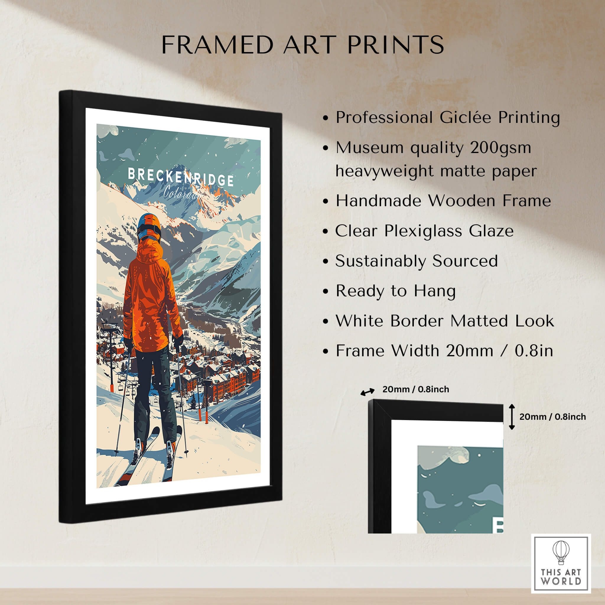 Breckenridge Ski Poster featuring a skier on a mountain with a handmade wooden frame and professional giclée printing.