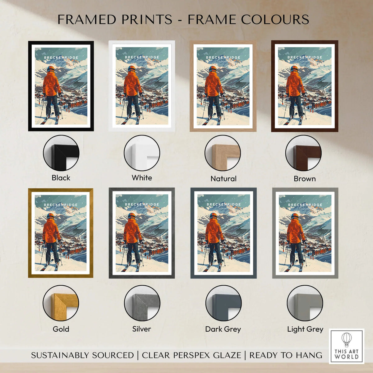 Framed prints showcasing frame colors for Breckenridge Ski Poster including black, white, natural, brown, gold, silver, dark grey, and light grey.
