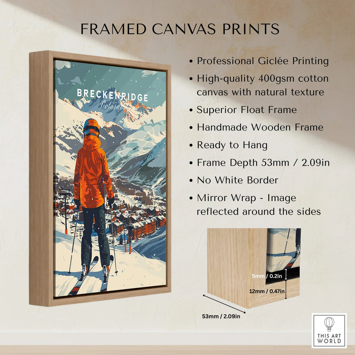 Breckenridge Ski Poster framed canvas print showcasing mountain scenery and skier, perfect wall art for ski enthusiasts.