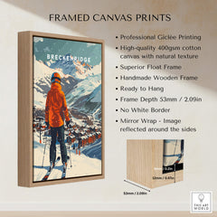 Breckenridge Ski Poster framed canvas print showcasing mountain scenery and skier, perfect wall art for ski enthusiasts.