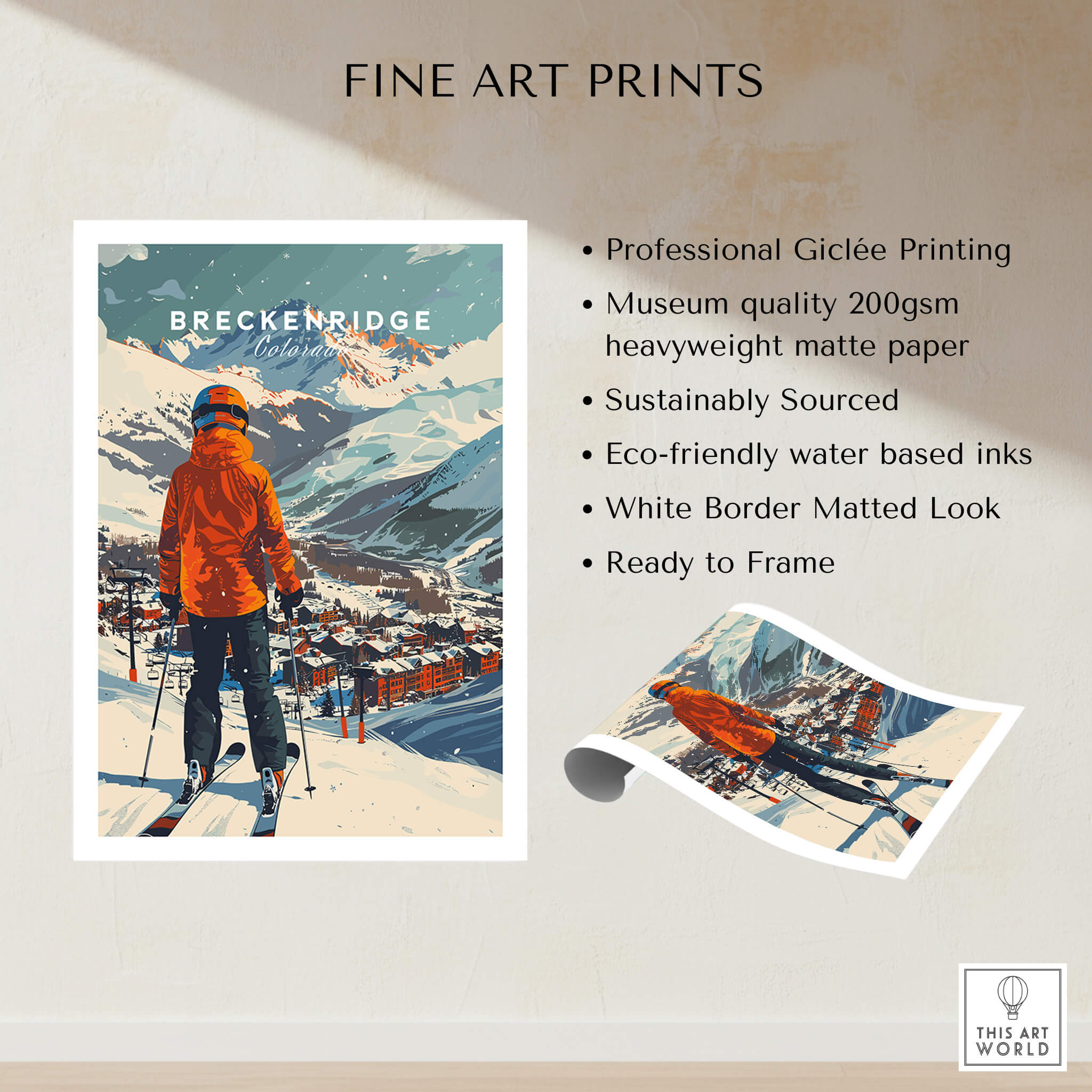 Breckenridge Ski Poster showcasing a skier on a mountain with vibrant colors, perfect for home decor.