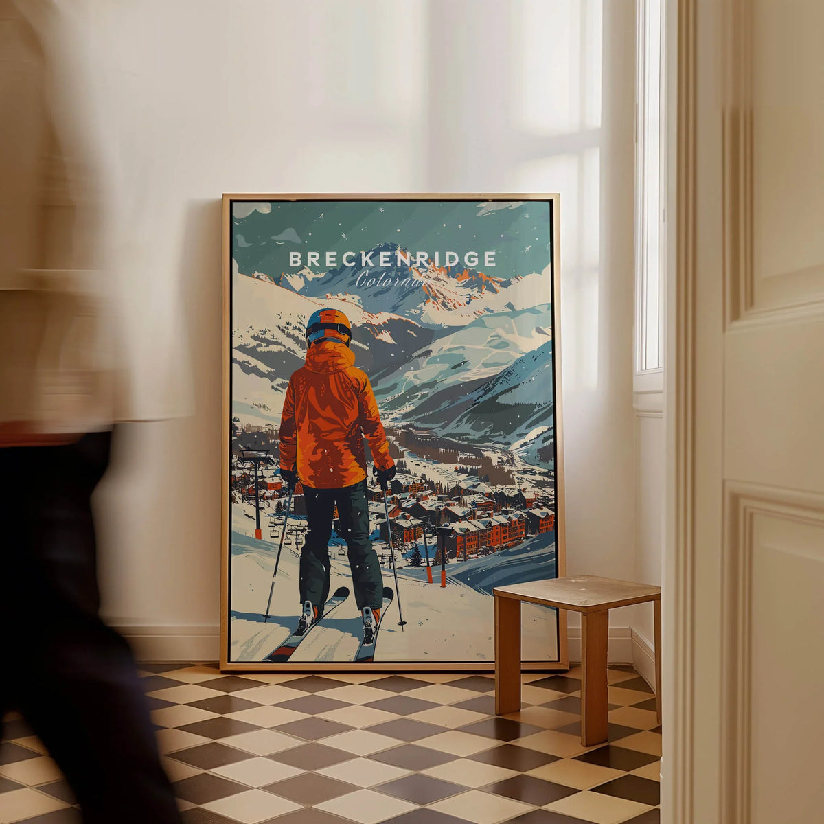 Breckenridge Ski Poster featuring a skier overlooking the mountains and town of Breckenridge, Colorado.