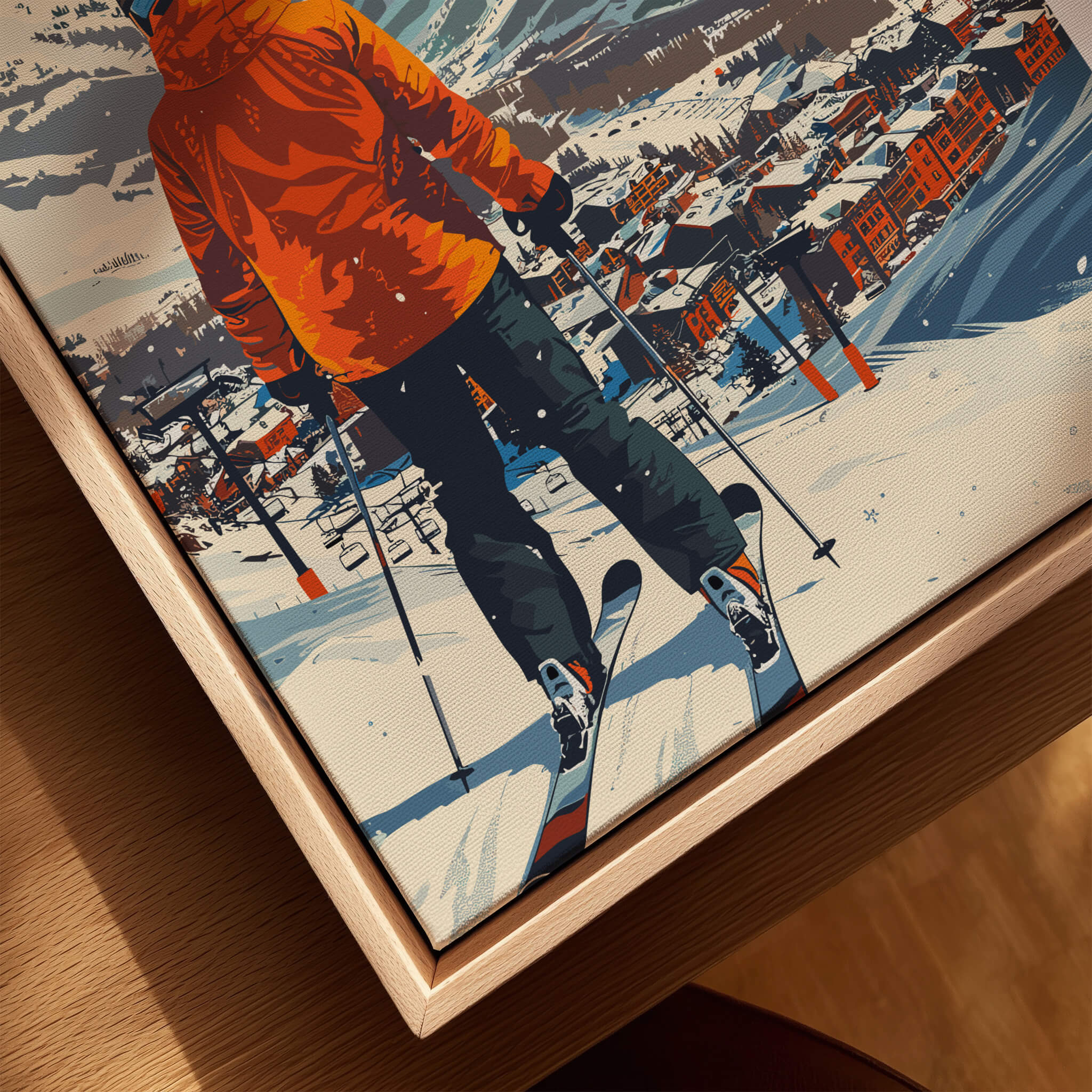 Breckenridge Ski Poster featuring a skier in an orange jacket overlooking the mountain and town.