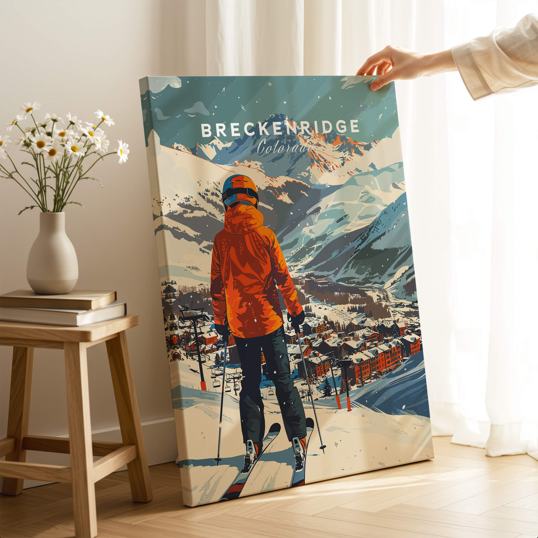 Breckenridge Ski Poster featuring a skier in an orange jacket overlooking Breckenridge, Colorado mountains.