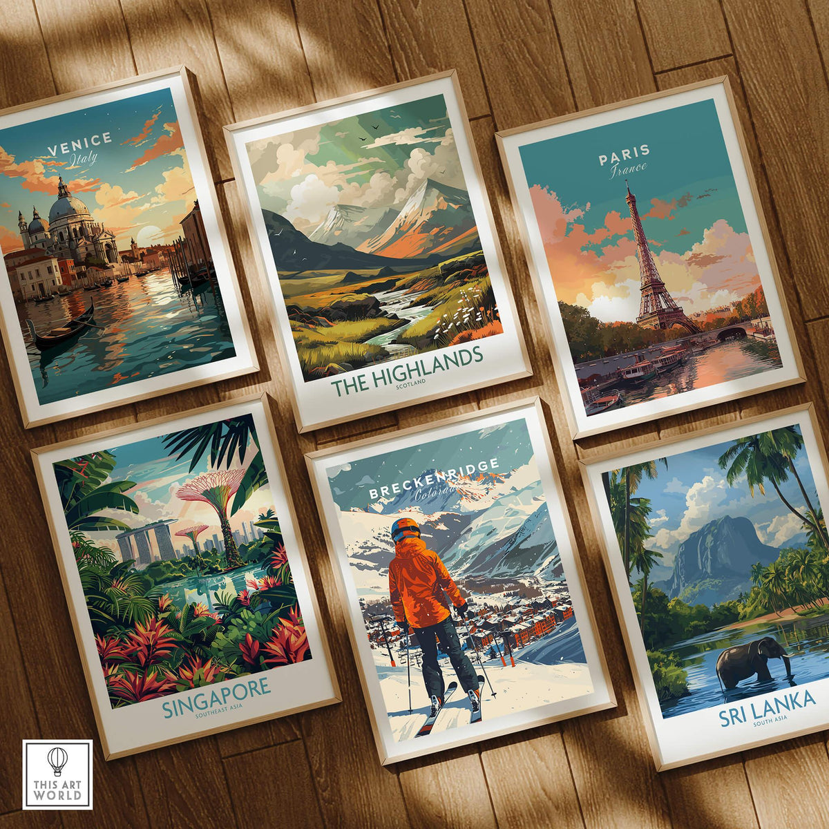 Breckenridge Ski Poster among travel posters featuring Venice, Highlands, Paris, Singapore, and Sri Lanka.