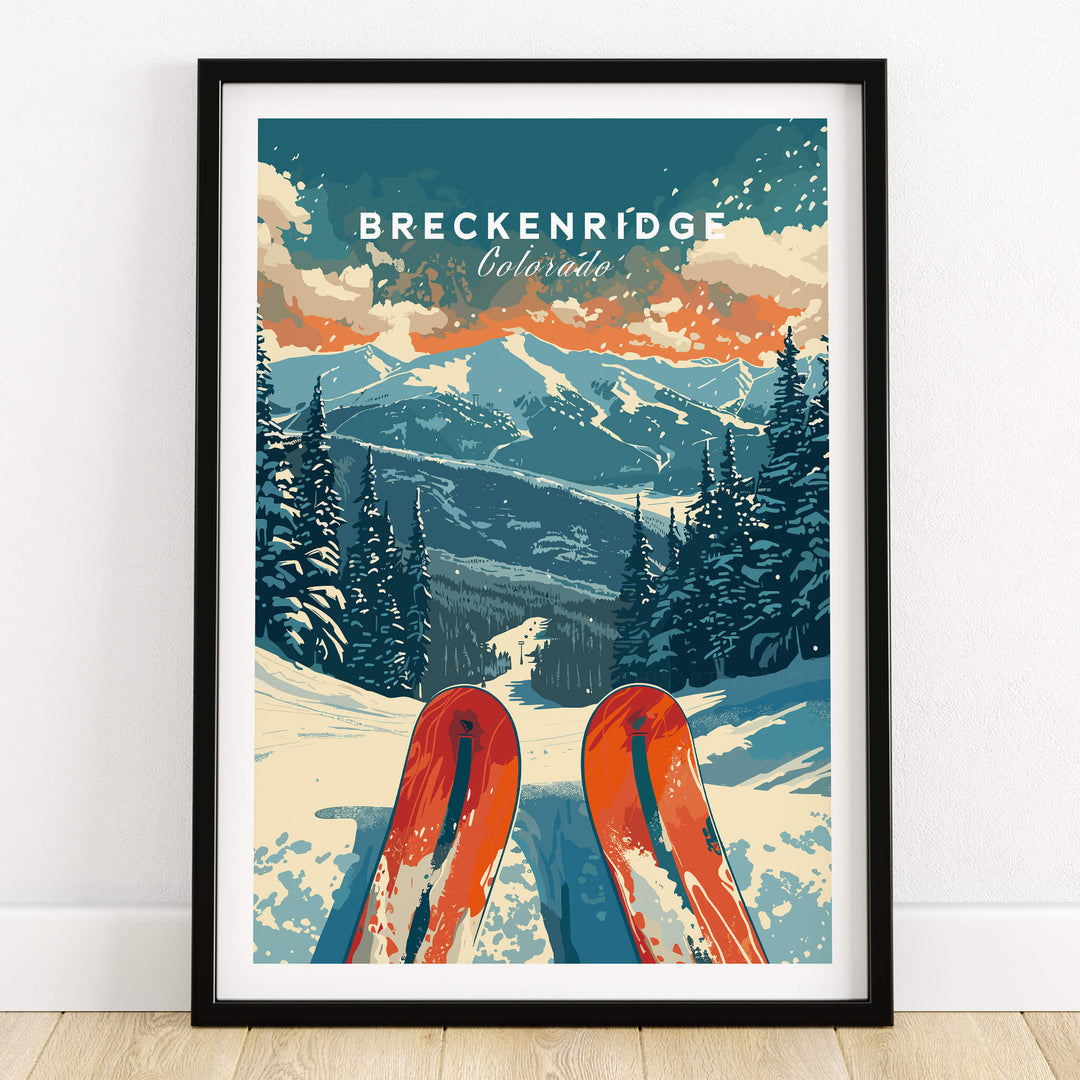 Breckenridge Print Colorado showcasing vibrant ski artwork with mountains and trees in a framed print.