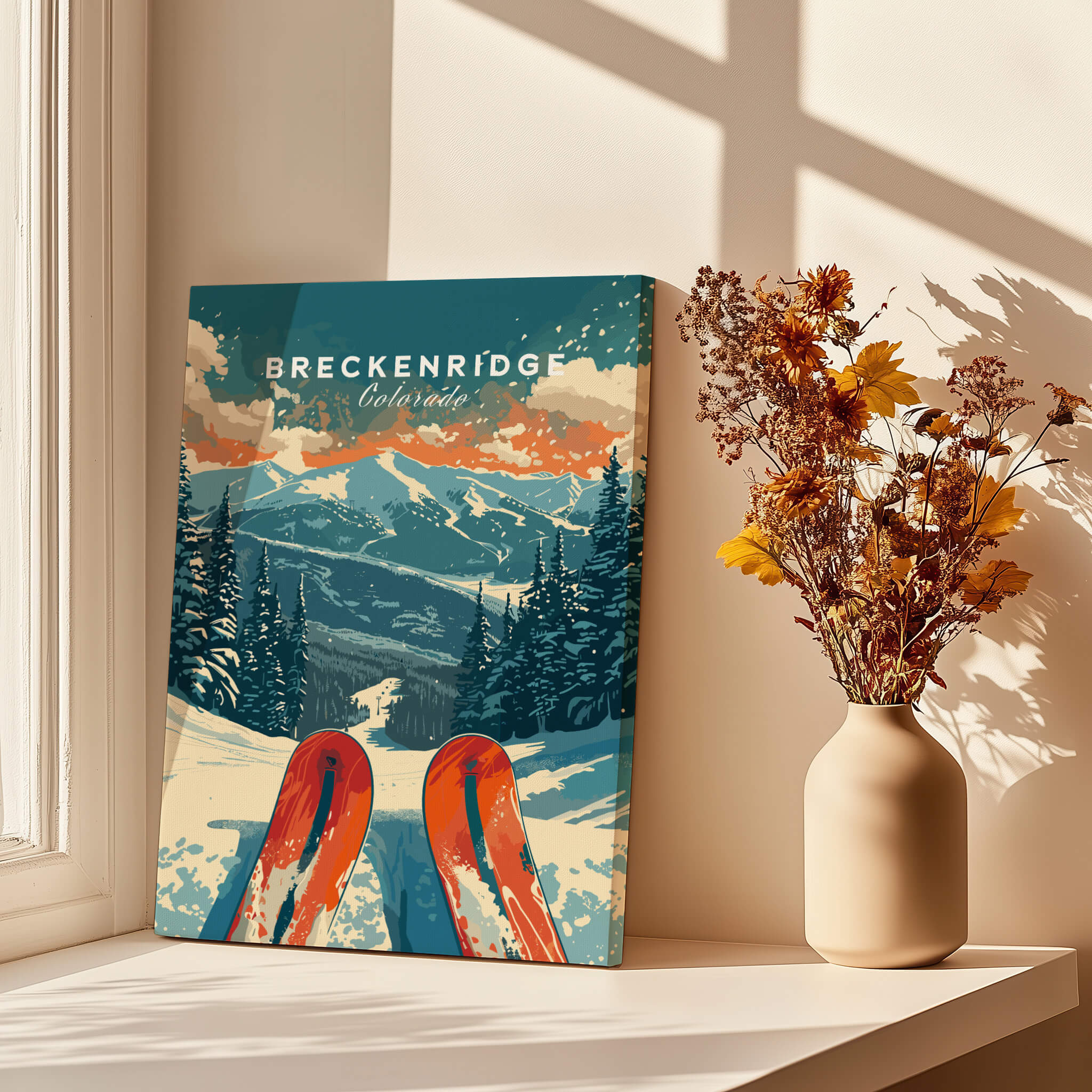Breckenridge Print Colorado showcasing ski art with majestic mountains and vibrant colors in a sunlit interior.