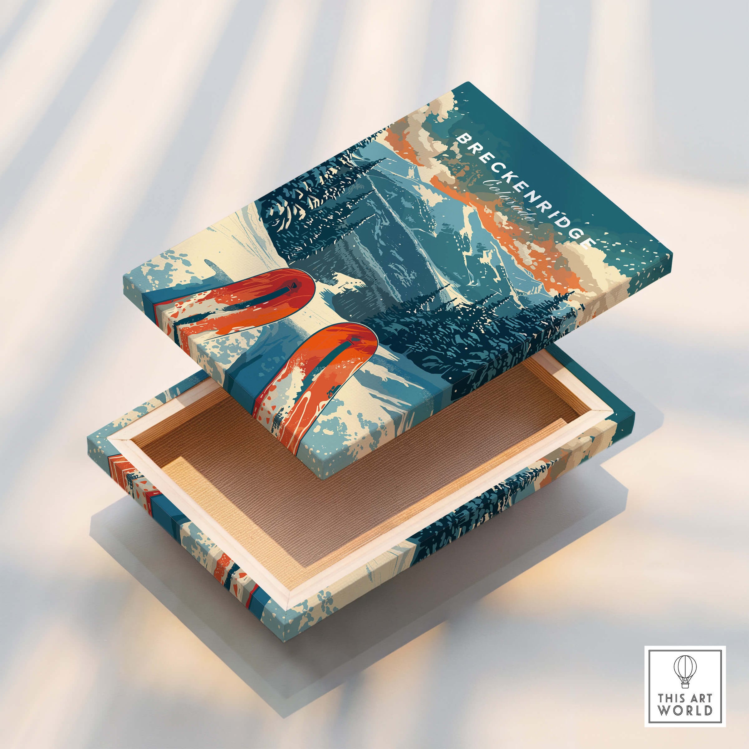 Breckenridge Print Colorado box art featuring skis and mountain scenery, perfect for nature lovers and adventure seekers.