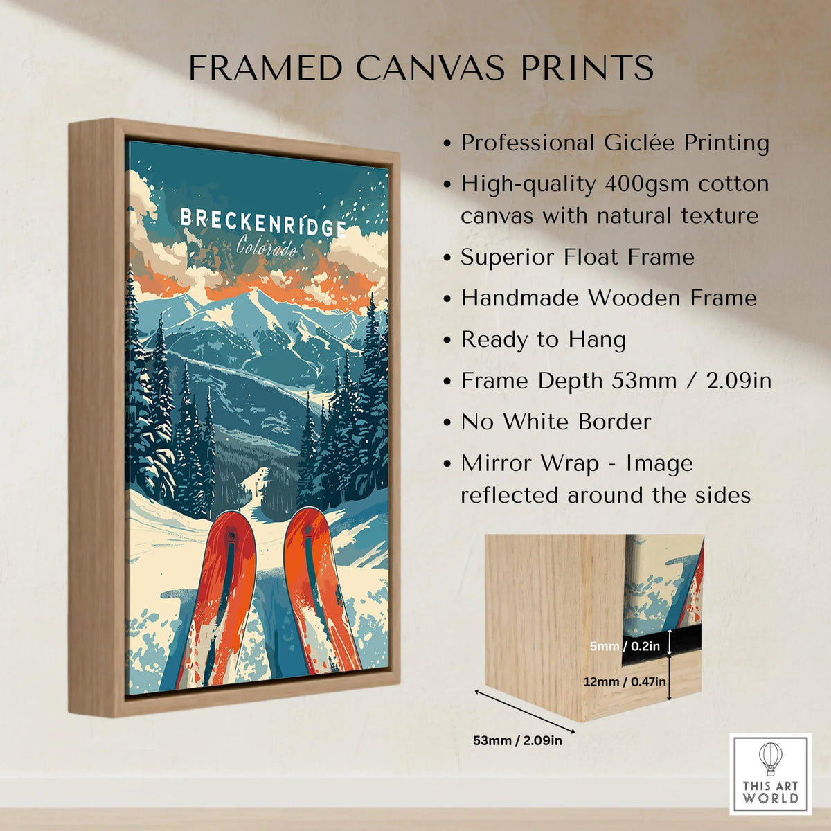 Framed Breckenridge Print Colorado with professional Giclée printing and wooden frame, ready to hang.