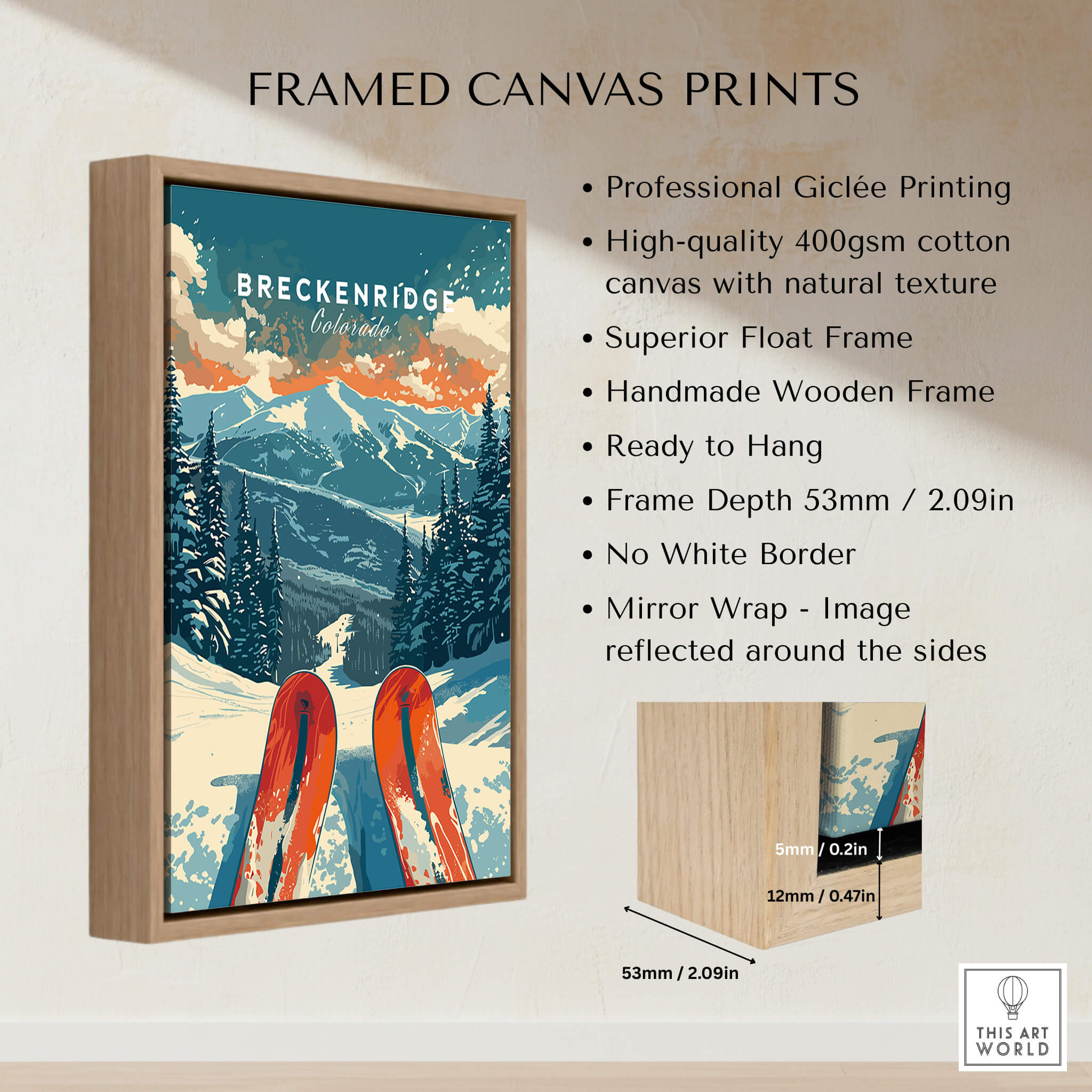 Framed Breckenridge Print Colorado with professional Giclée printing and wooden frame, ready to hang.