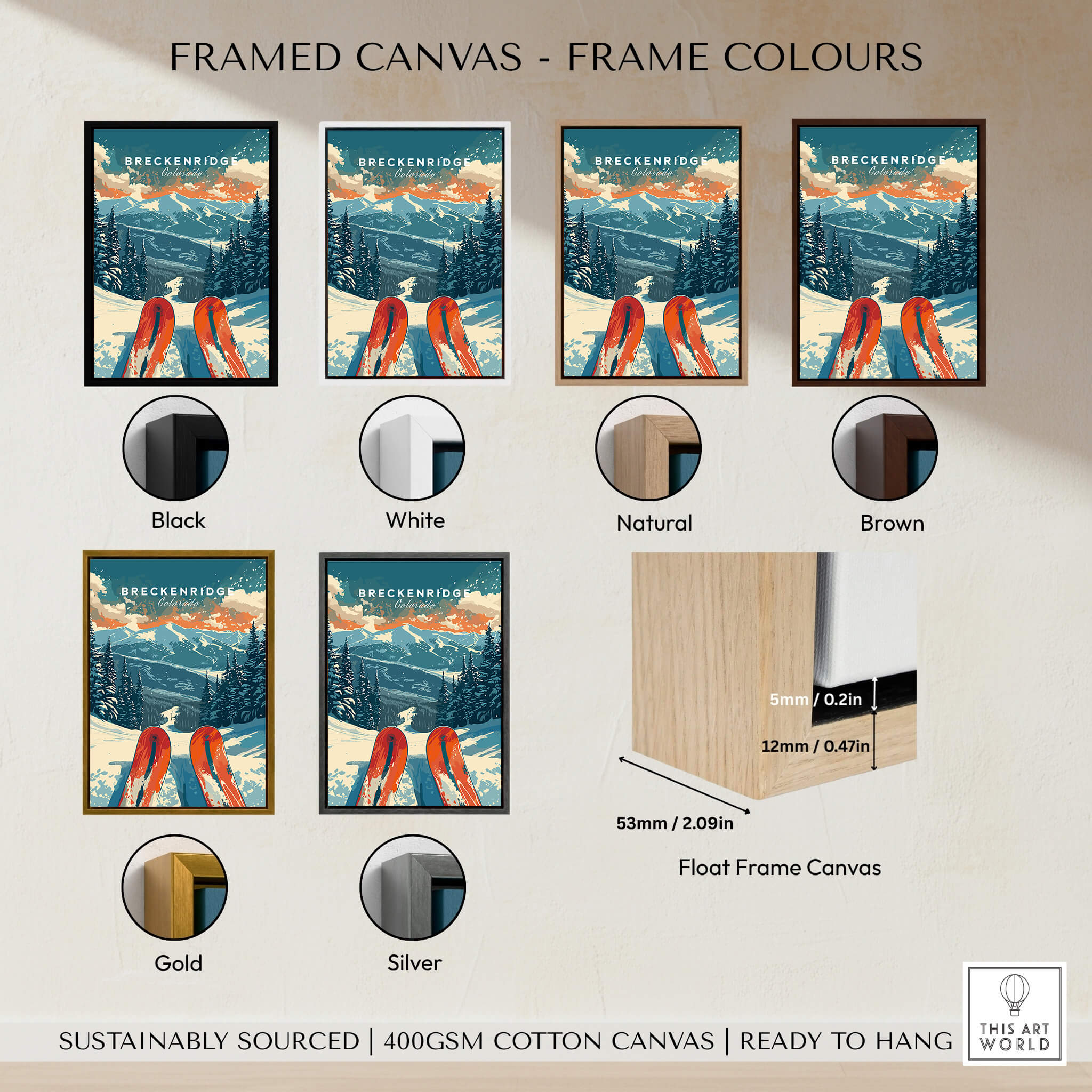 Framed Breckenridge Print Colorado displayed in various frame colors including black, white, natural, brown, gold, and silver.
