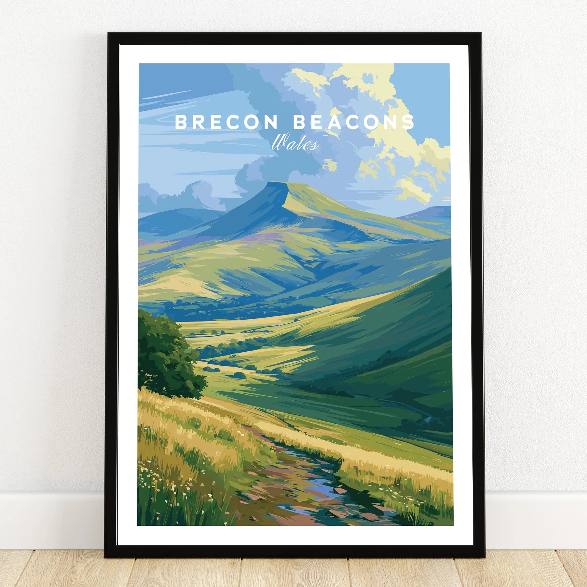 Brecon Beacons Wales Pen y Fan Travel Poster — art print in black frame on wooden floor