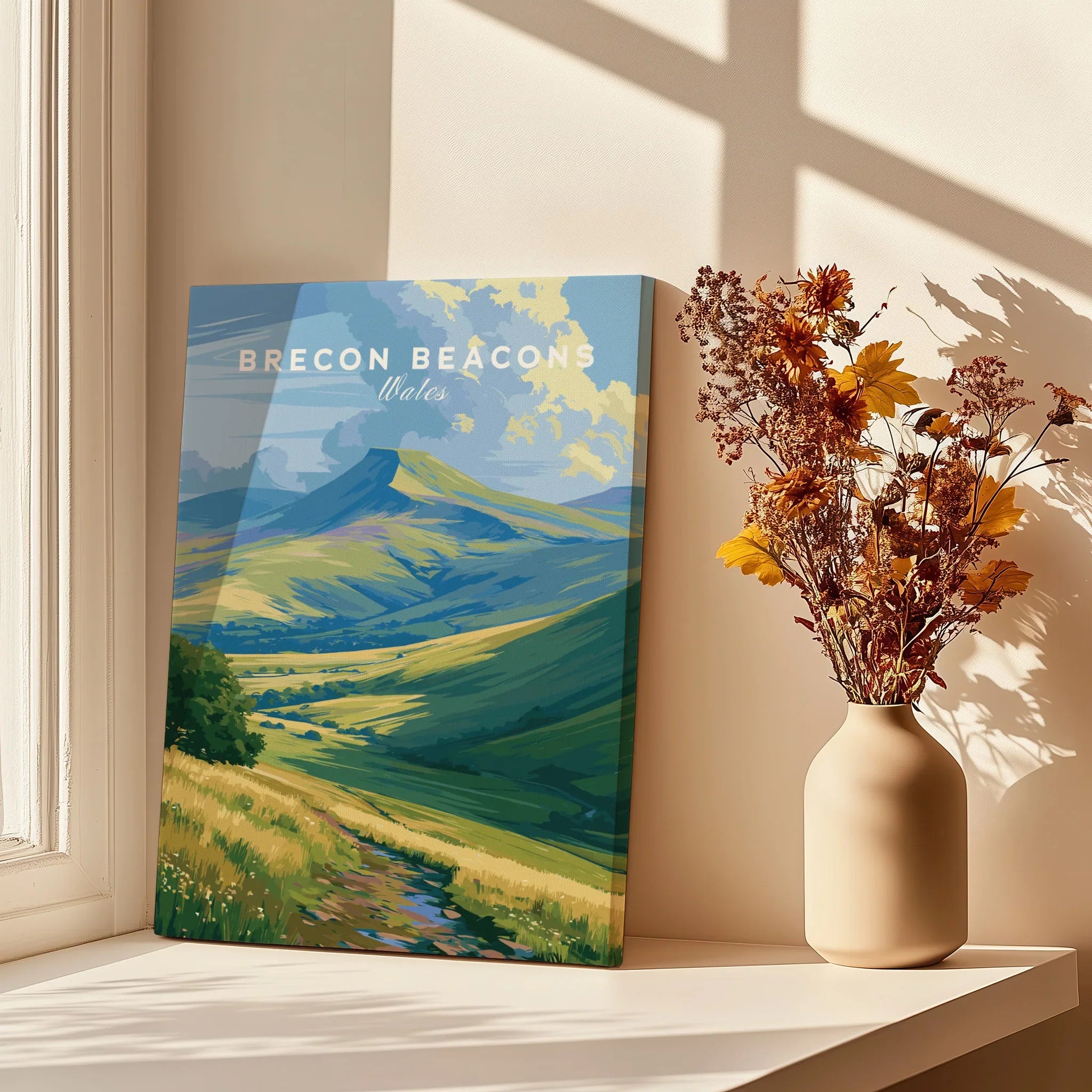 Brecon Beacons Wales Pen y Fan Travel Poster — canvas print window setting with shadows flowers
