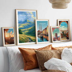 Brecon Beacons Wales Pen y Fan Travel Poster — set five framed artprints above bed natural wood frames