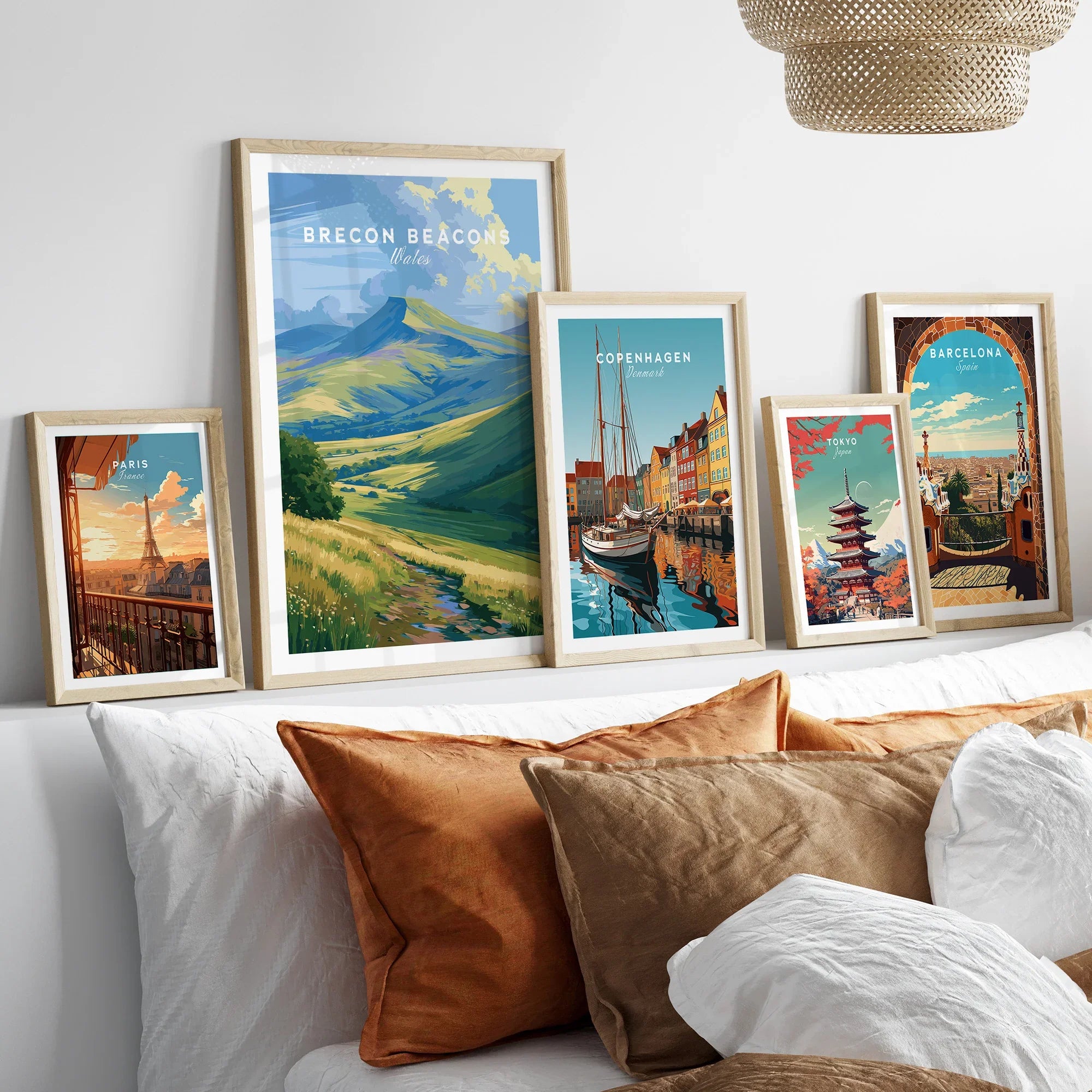 Brecon Beacons Wales Pen y Fan Travel Poster — set five framed artprints above bed natural wood frames