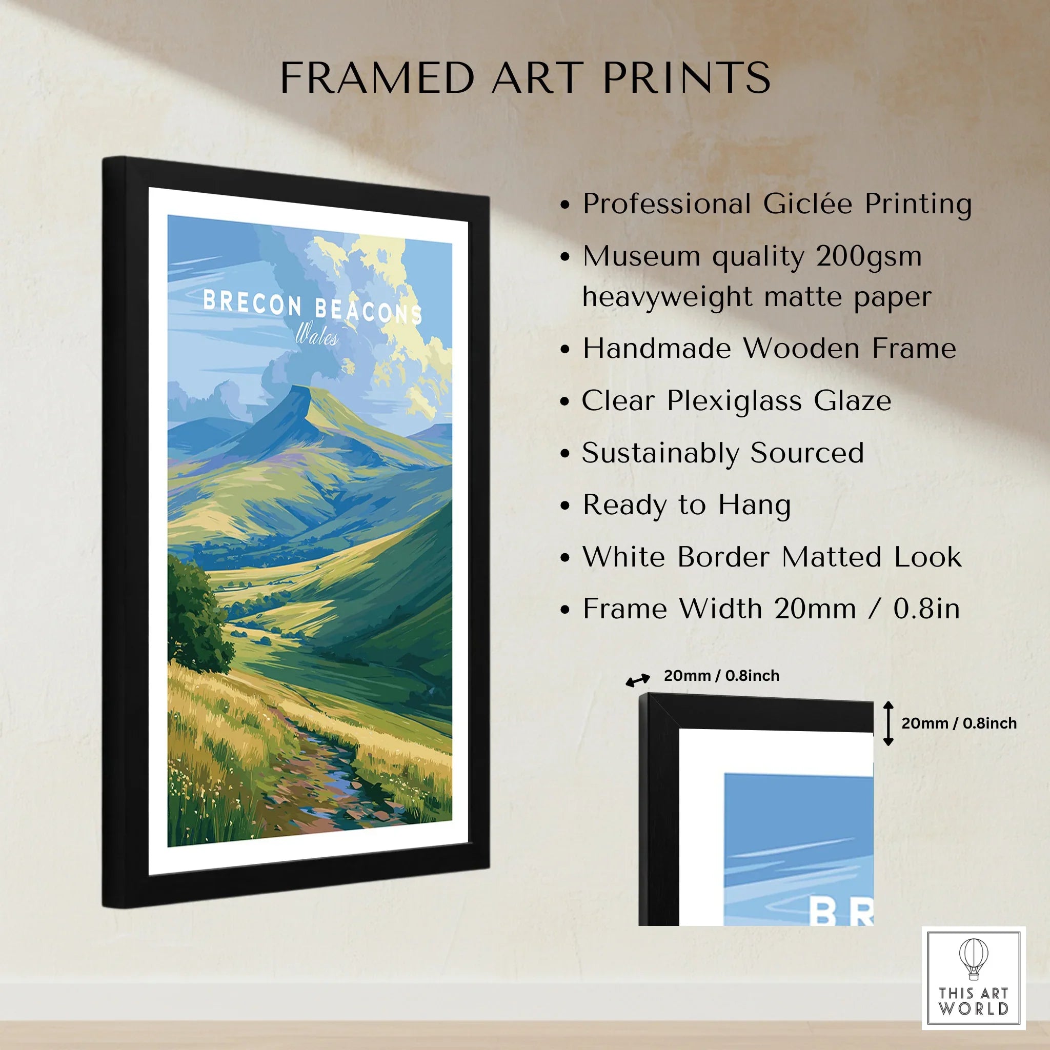 Brecon Beacons Wales Pen y Fan Travel Poster — framed print details measurements quality details