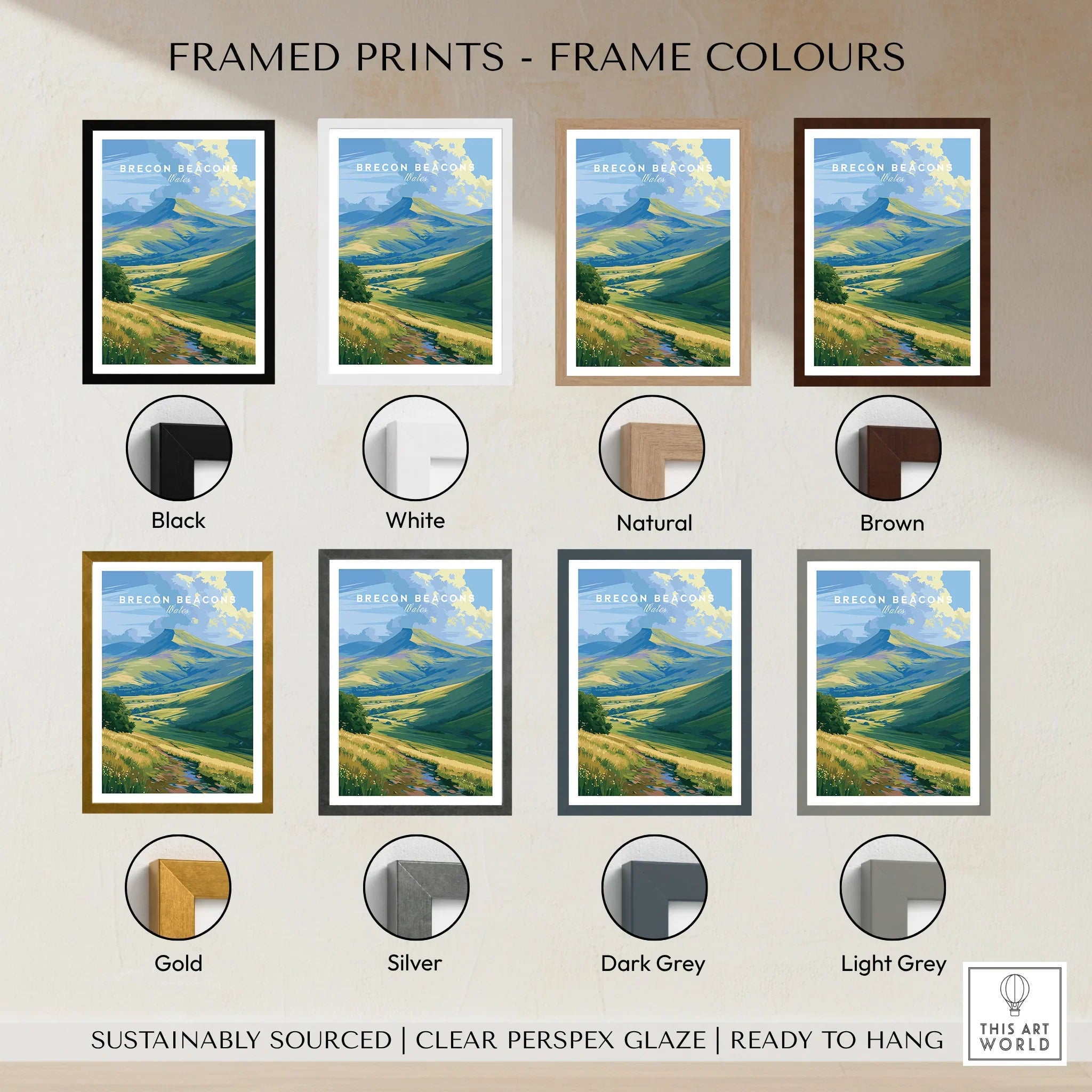 Brecon Beacons Wales Pen y Fan Travel Poster — framed print colour options
