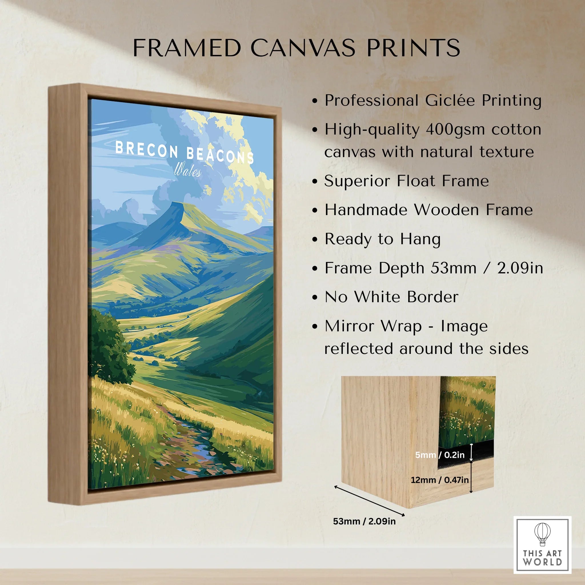 Brecon Beacons Wales Pen y Fan Travel Poster — framed canvas float frame details quality
