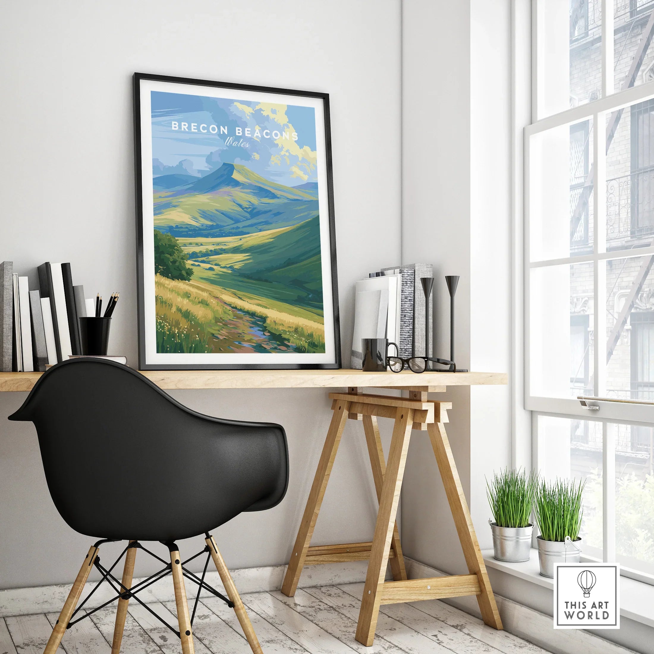 Brecon Beacons Wales Pen y Fan Travel Poster — framed poster black frame on office desk modern
