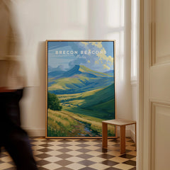 Brecon Beacons Wales Pen y Fan Travel Poster — framed canvas on floor man walking past