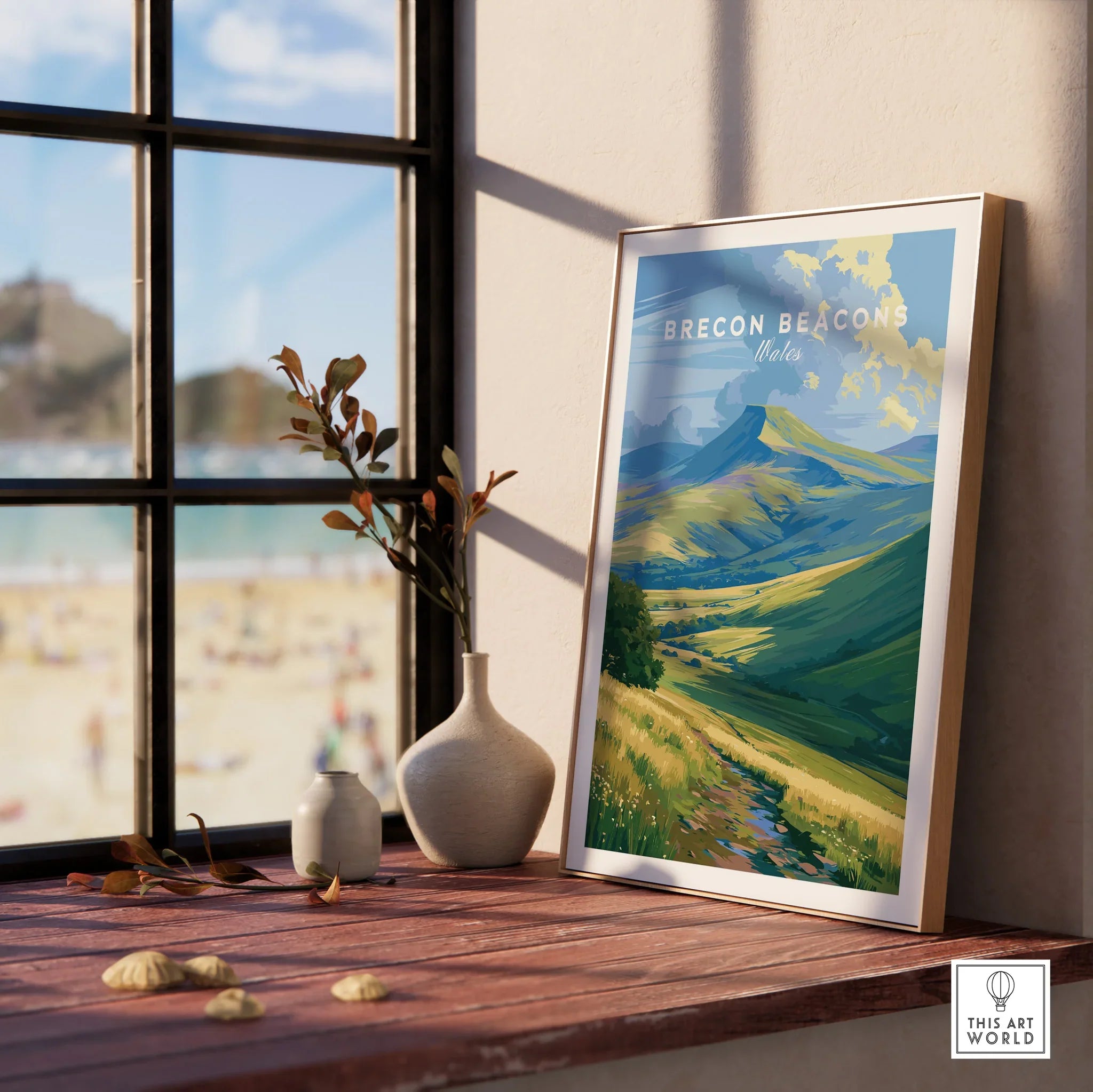 Brecon Beacons Wales Pen y Fan Travel Poster — framed print window view natural wood frame