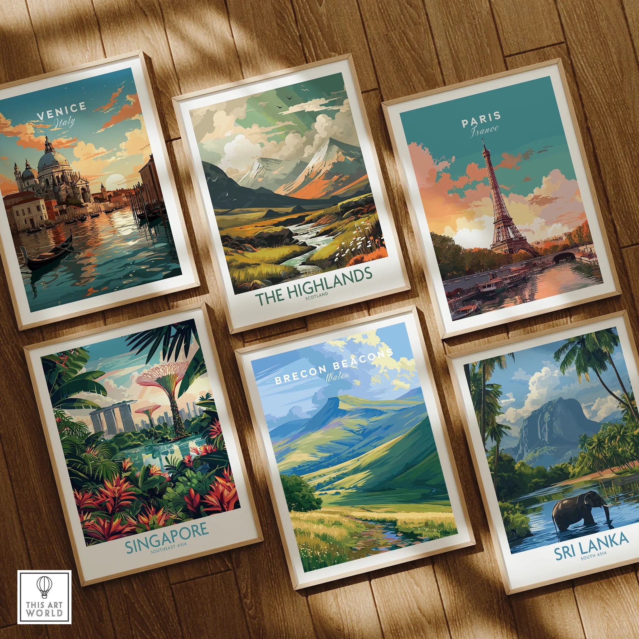 Brecon Beacons Wales Pen y Fan Travel Poster — set six framed art prints wooden floor natural wood frames
