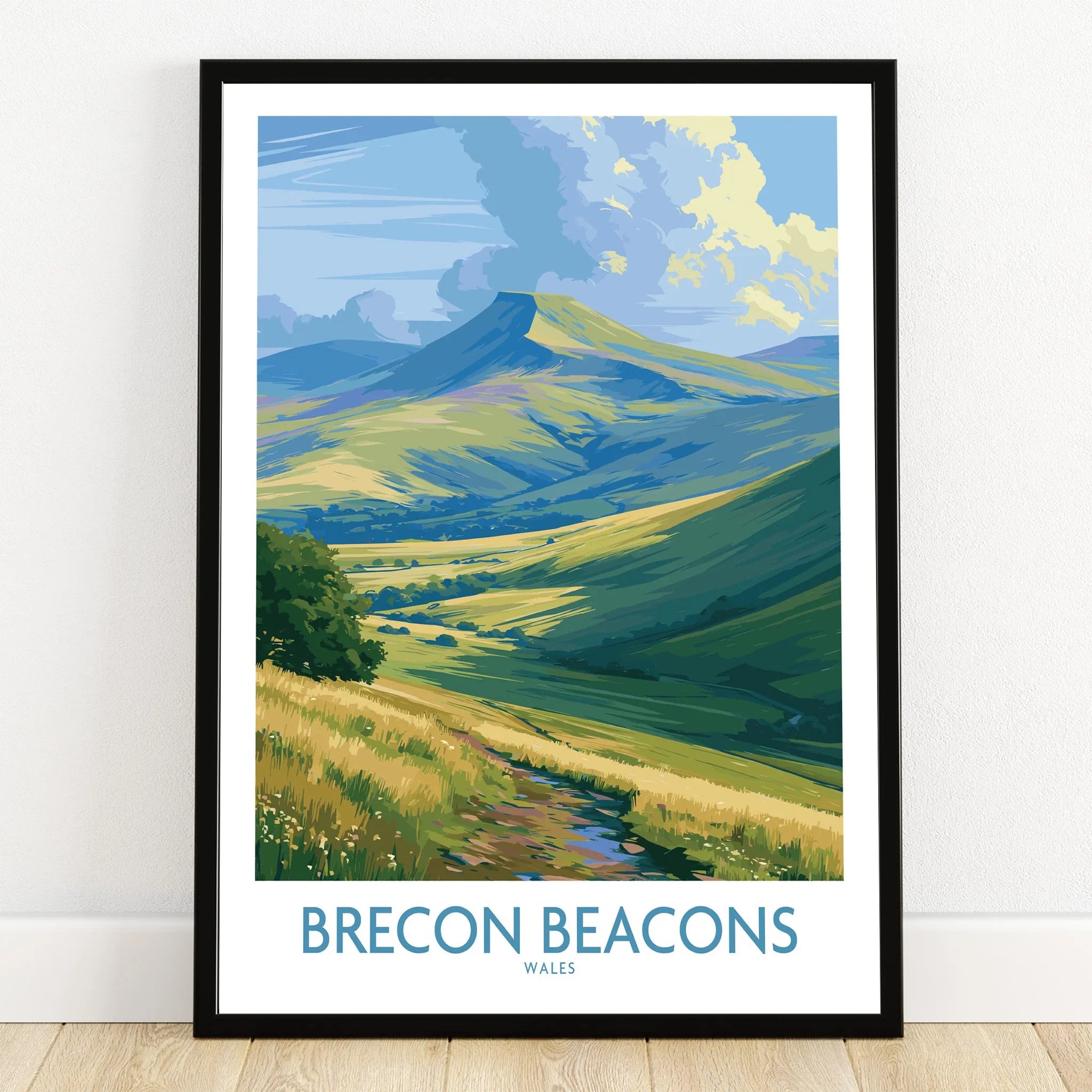 Brecon Beacons Wales Pen y Fan Wall Art — art print in black frame on wooden floor