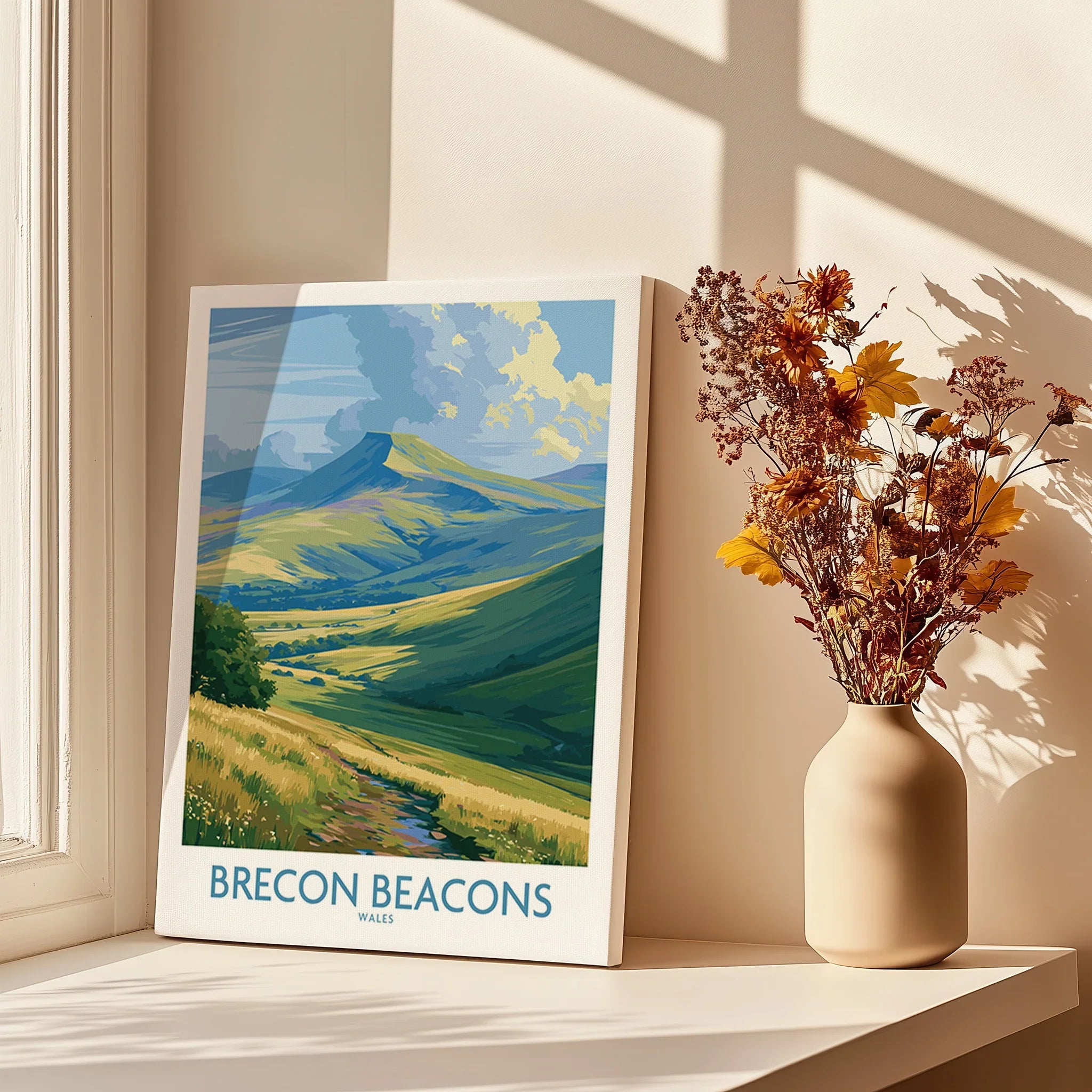 Brecon Beacons Wales Pen y Fan Wall Art — canvas print window setting with shadows flowers
