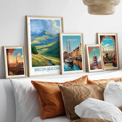 Brecon Beacons Wales Pen y Fan Wall Art — set five framed artprints above bed natural wood frames