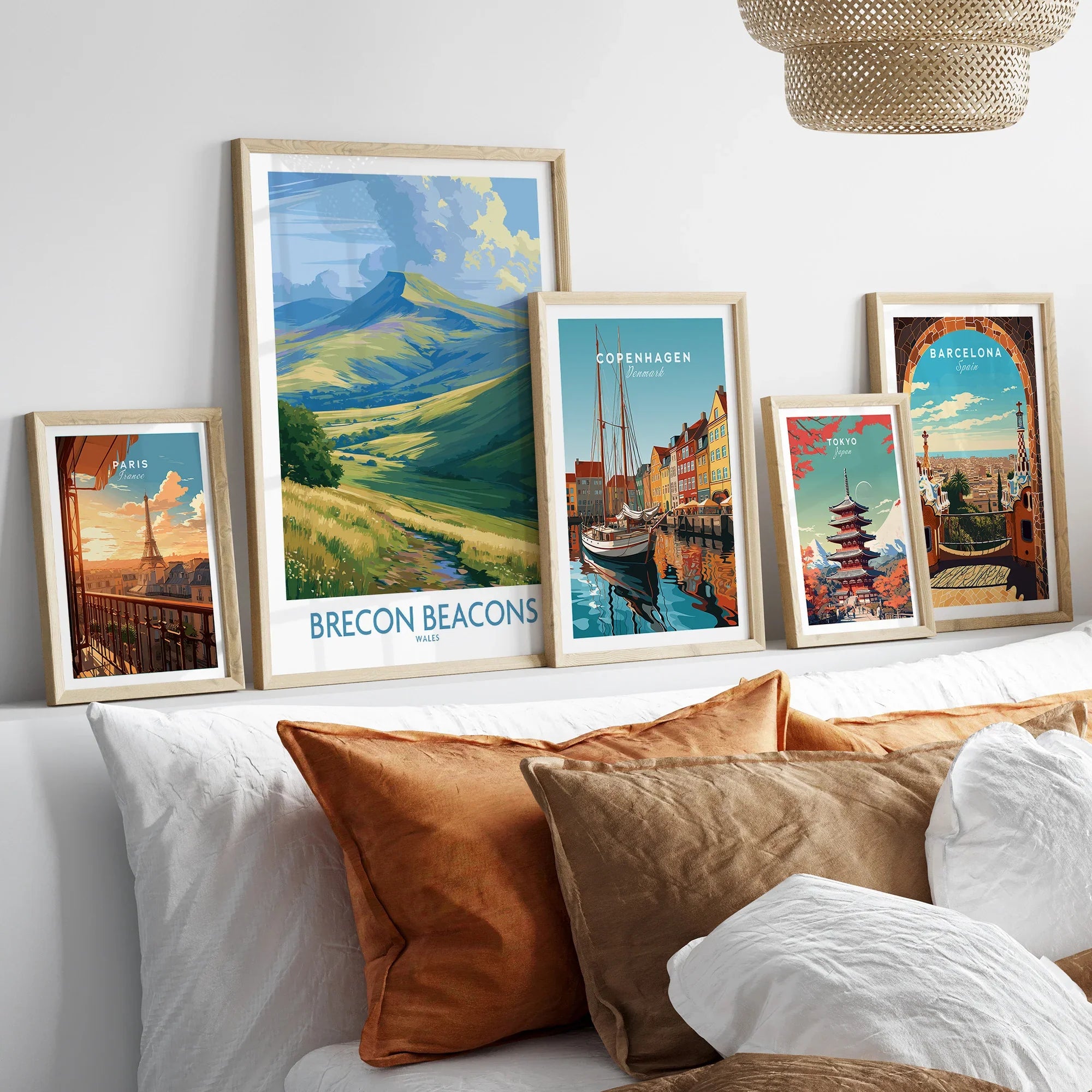 Brecon Beacons Wales Pen y Fan Wall Art — set five framed artprints above bed natural wood frames