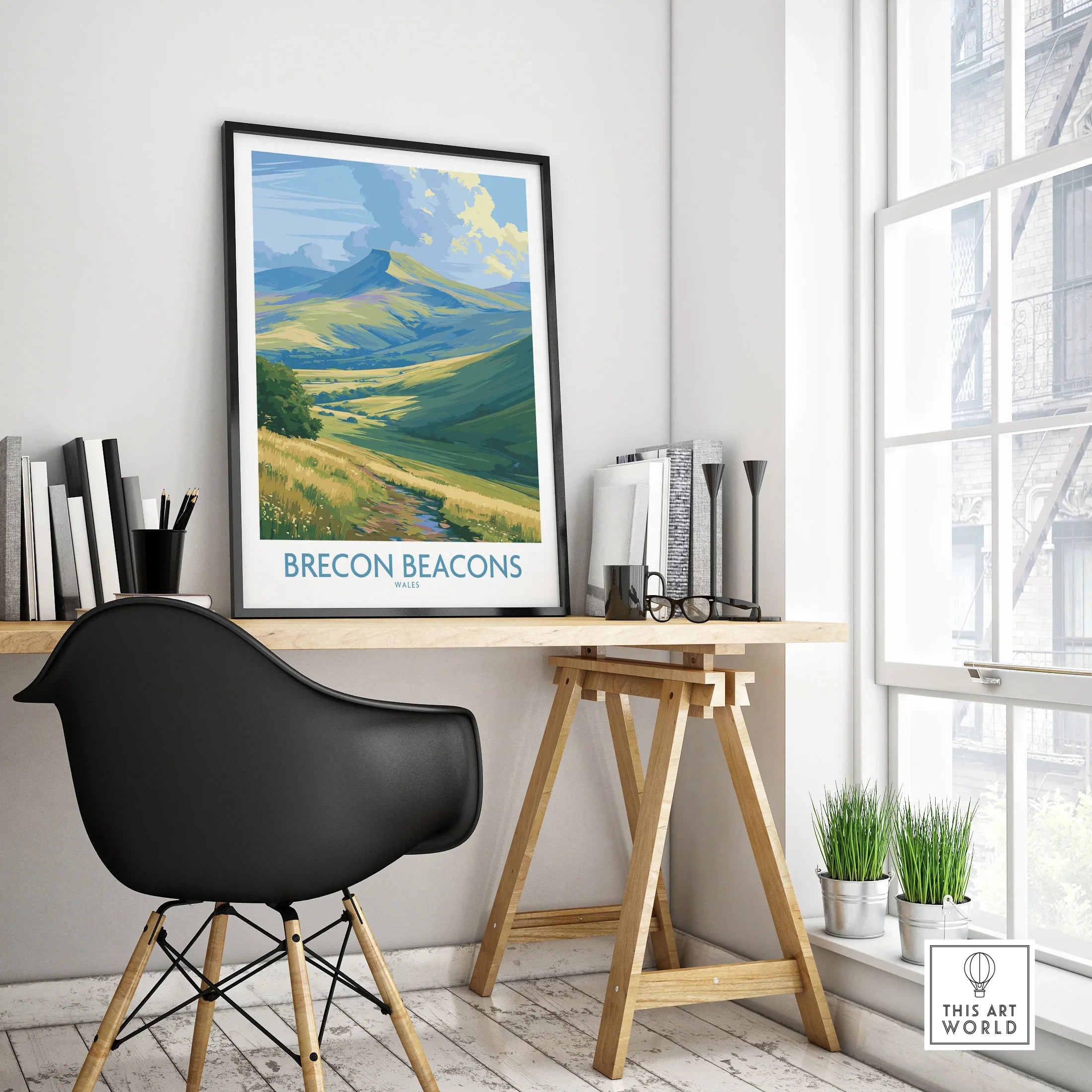 Brecon Beacons Wales Pen y Fan Wall Art — framed poster black frame on office desk modern