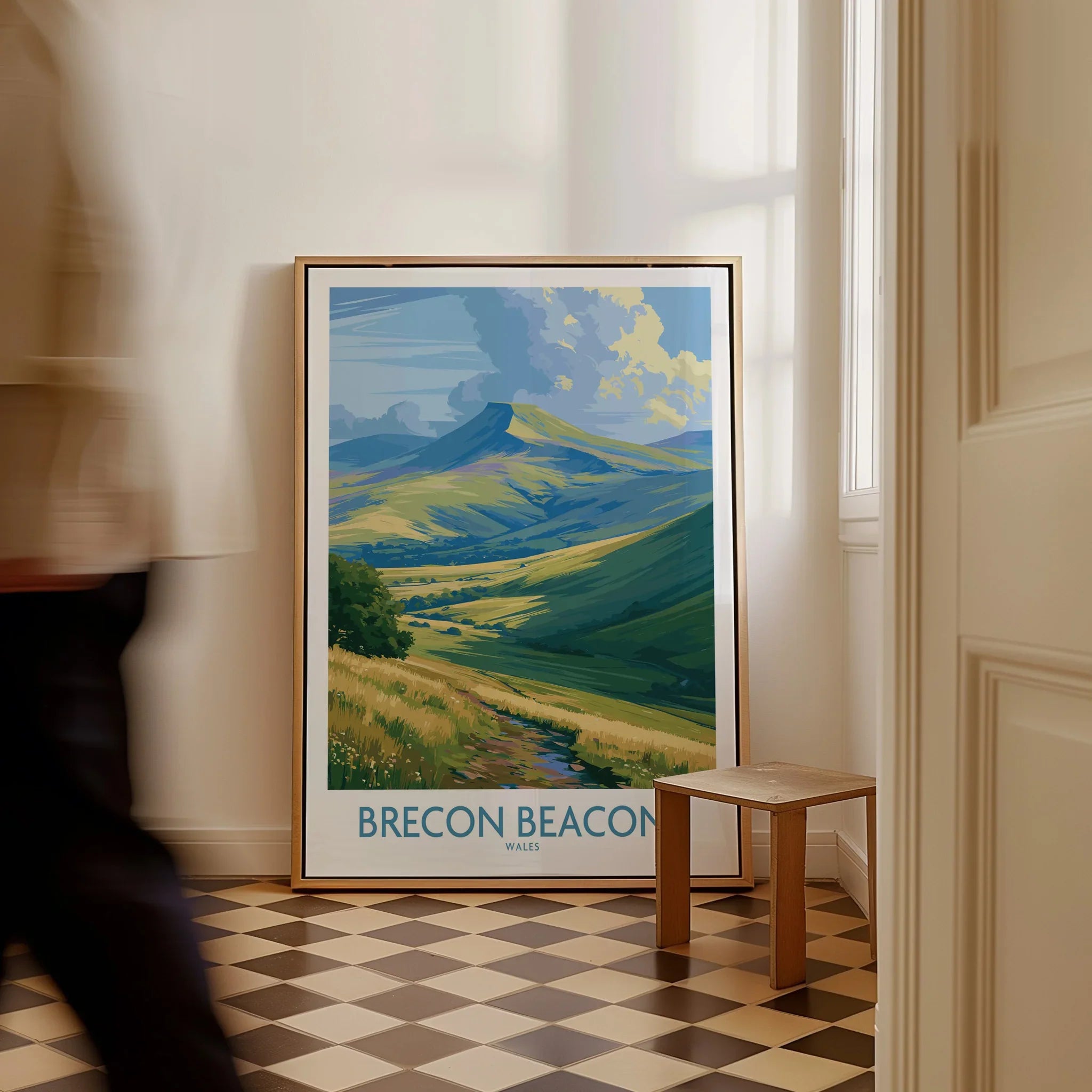 Brecon Beacons Wales Pen y Fan Wall Art — framed canvas on floor man walking past