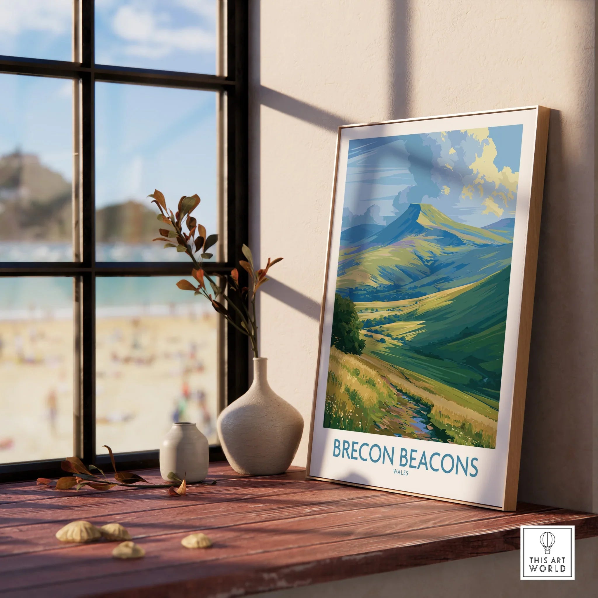 Brecon Beacons Wales Pen y Fan Wall Art — framed print window view natural wood frame