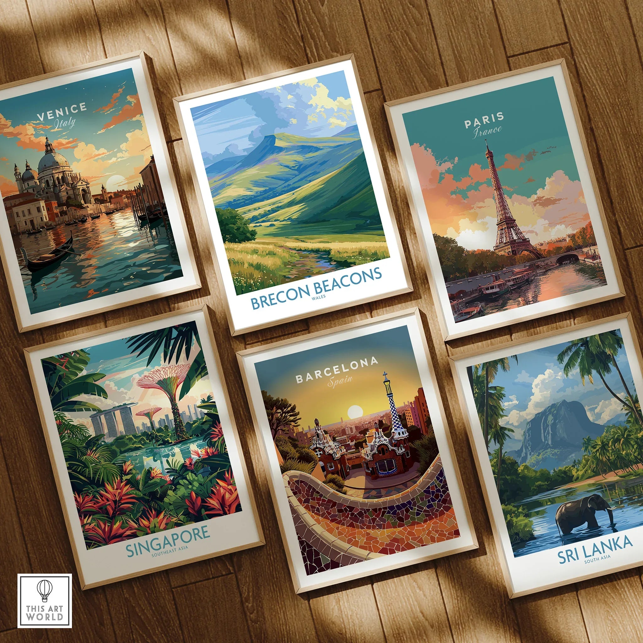 Brecon Beacons Wales Pen y Fan Wall Art — set six framed art prints wooden floor natural wood frames