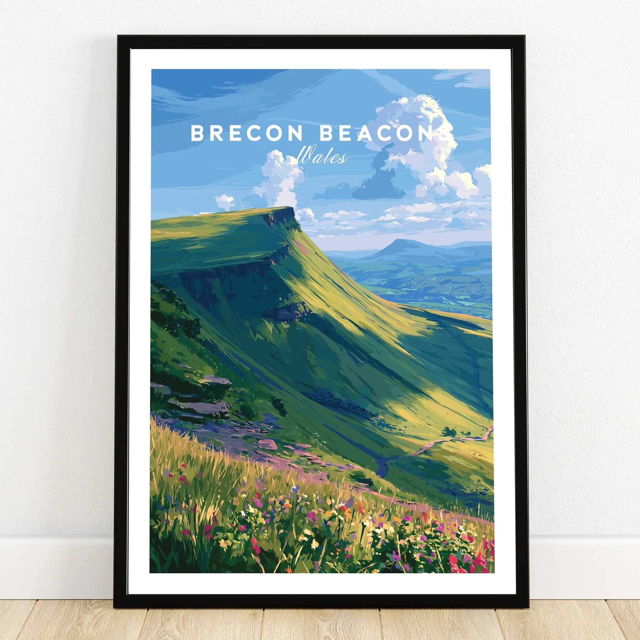 Brecon Beacons Wales Mountains Travel Poster — art print in black frame on wooden floor
