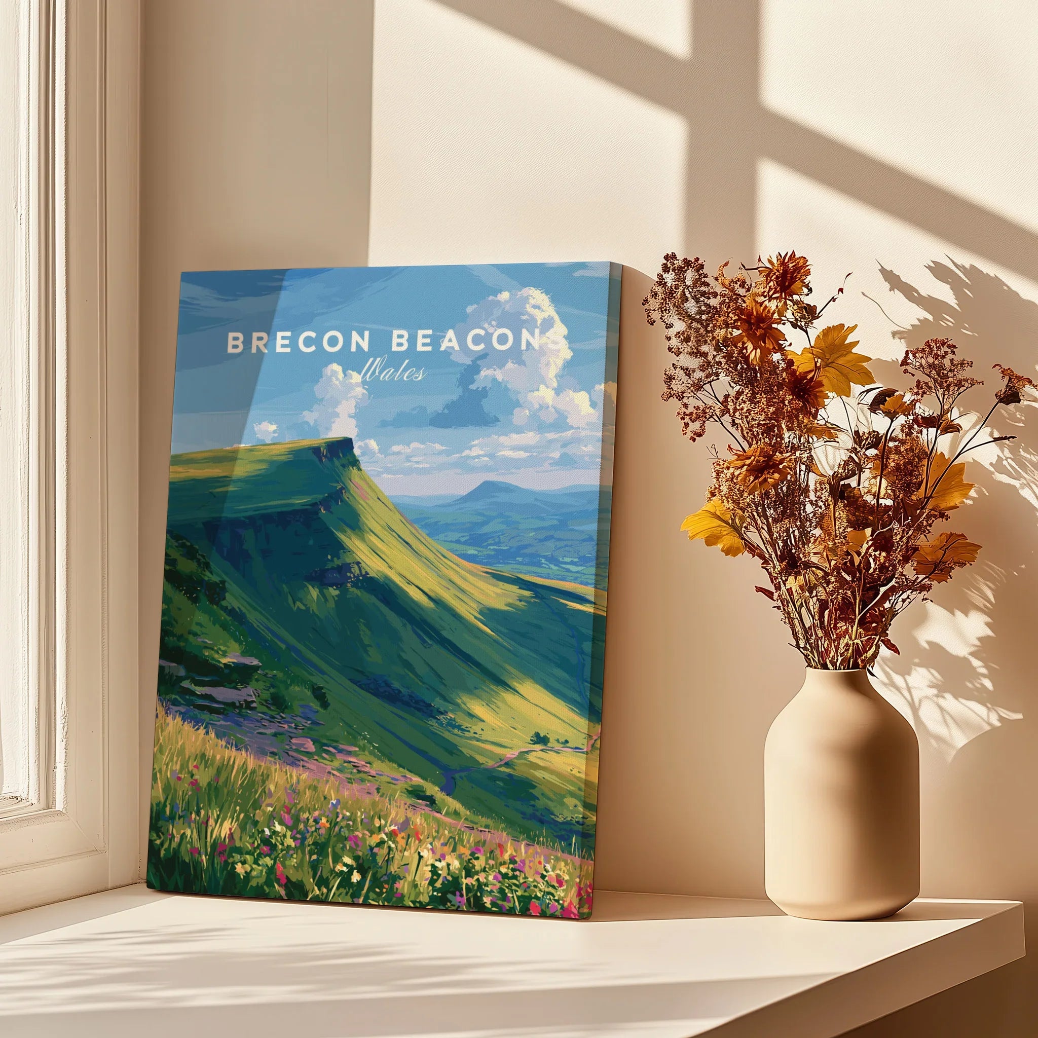 Brecon Beacons Wales Mountains Travel Poster — canvas print window setting with shadows flowers