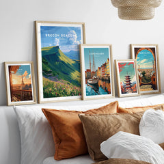Brecon Beacons Wales Mountains Travel Poster — set five framed artprints above bed natural wood frames
