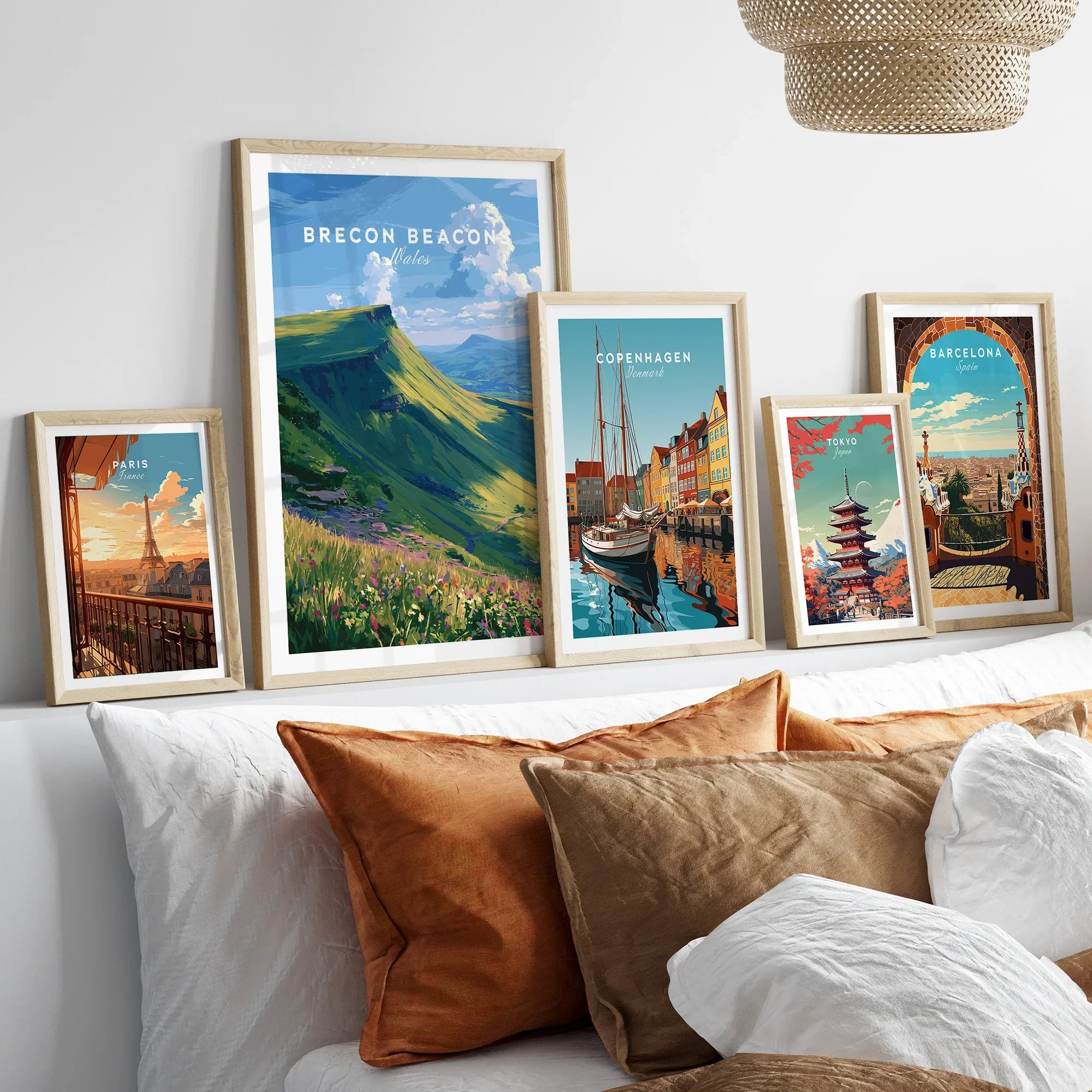 Brecon Beacons Wales Mountains Travel Poster — set five framed artprints above bed natural wood frames