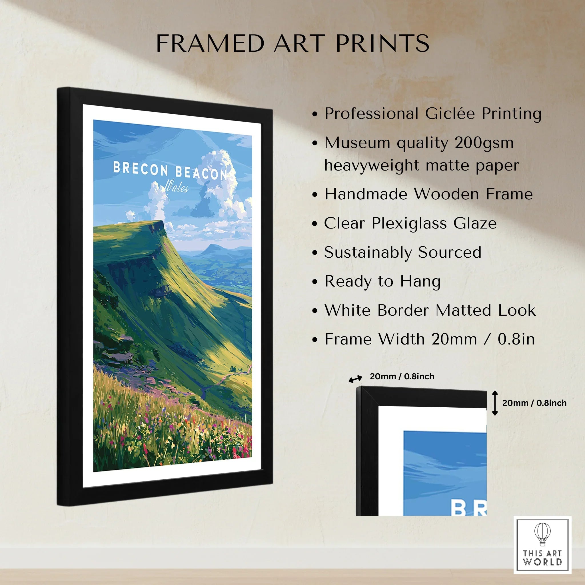 Brecon Beacons Wales Mountains Travel Poster — framed print details measurements quality details