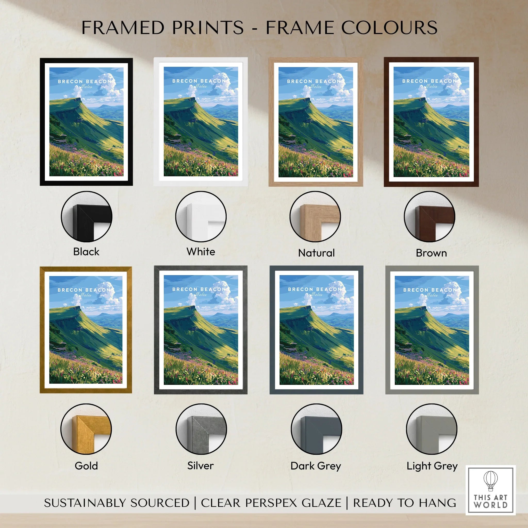 Brecon Beacons Wales Mountains Travel Poster — framed print colour options