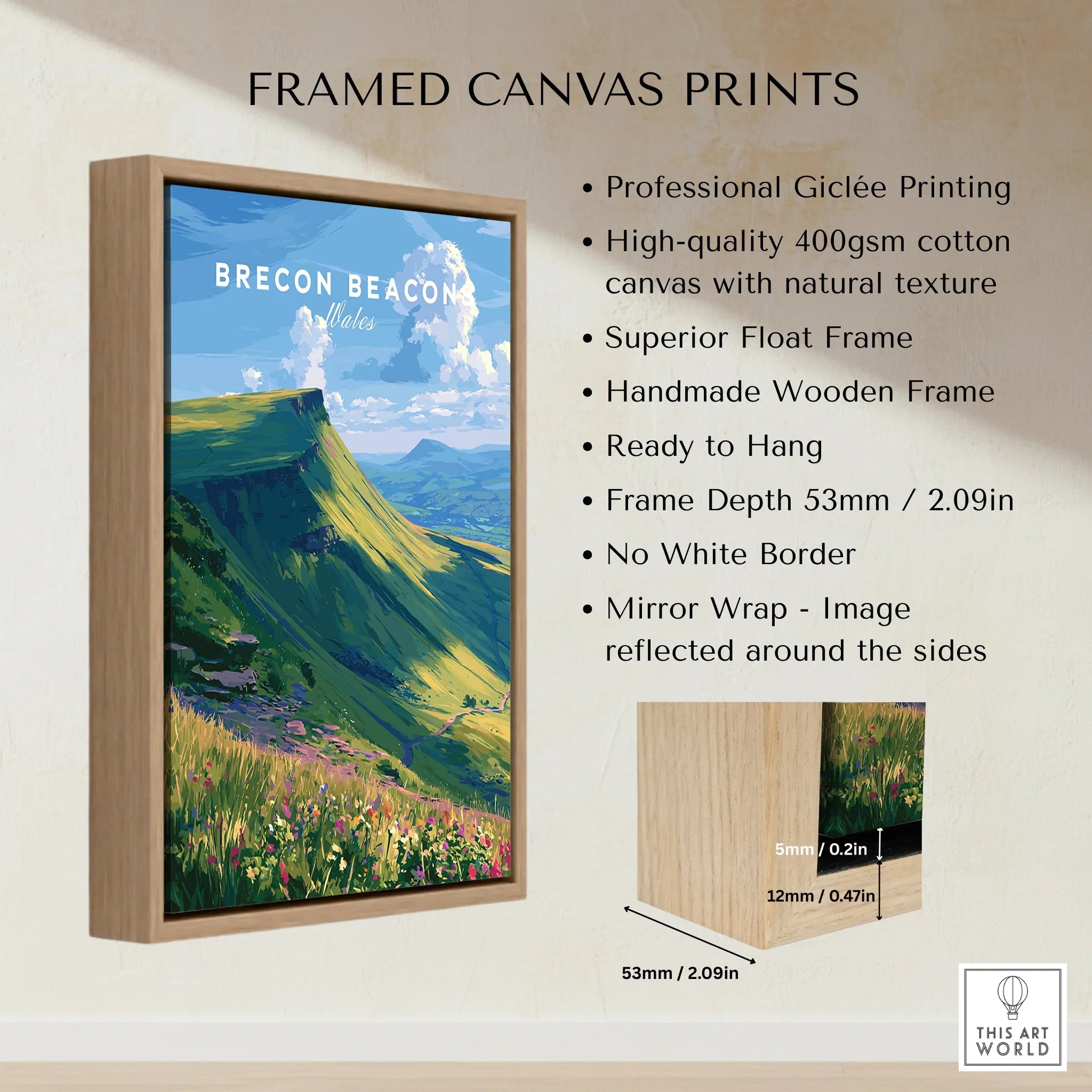 Brecon Beacons Wales Mountains Travel Poster — framed canvas float frame details quality