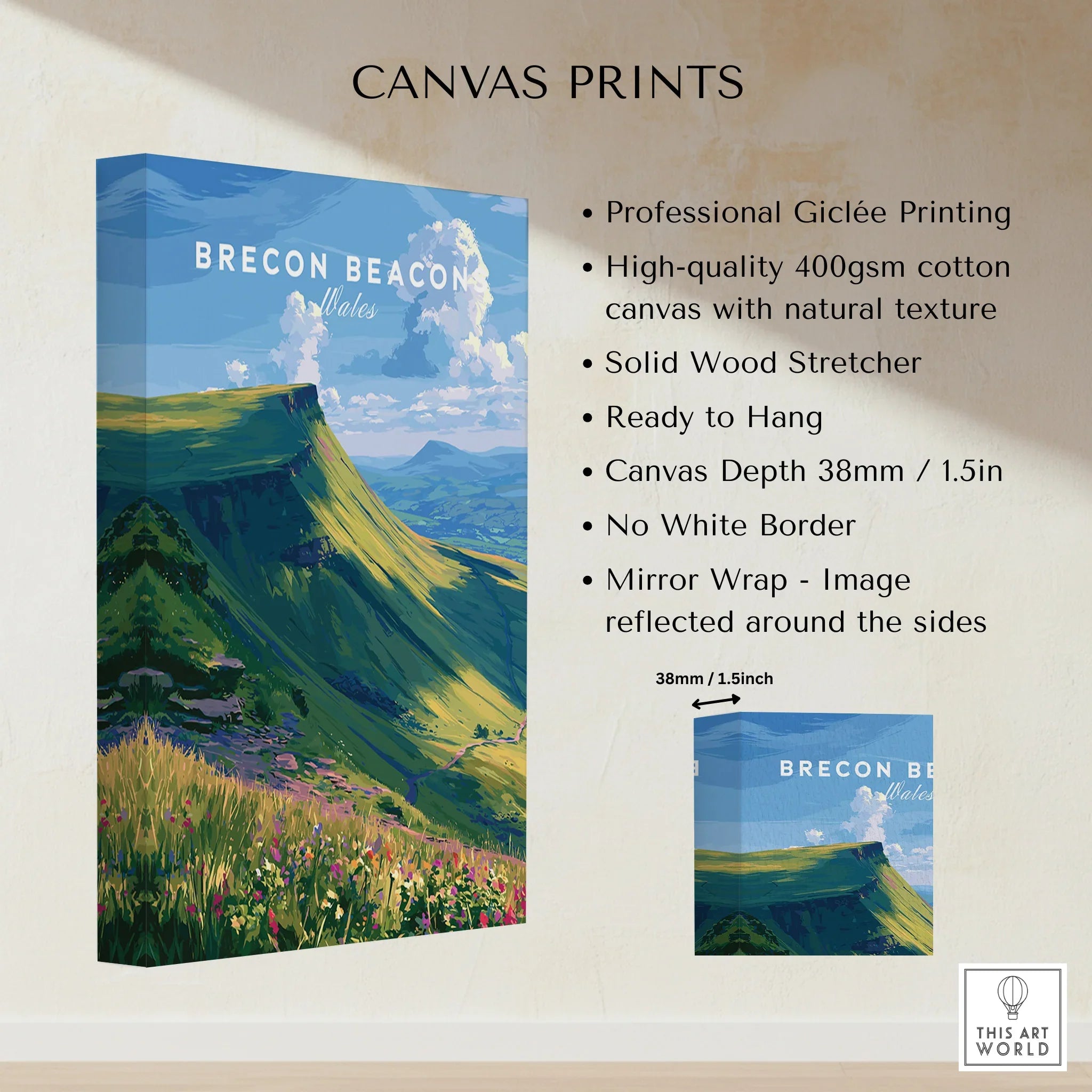 Brecon Beacons Wales Mountains Travel Poster — canvas print stretched cotton canvas details