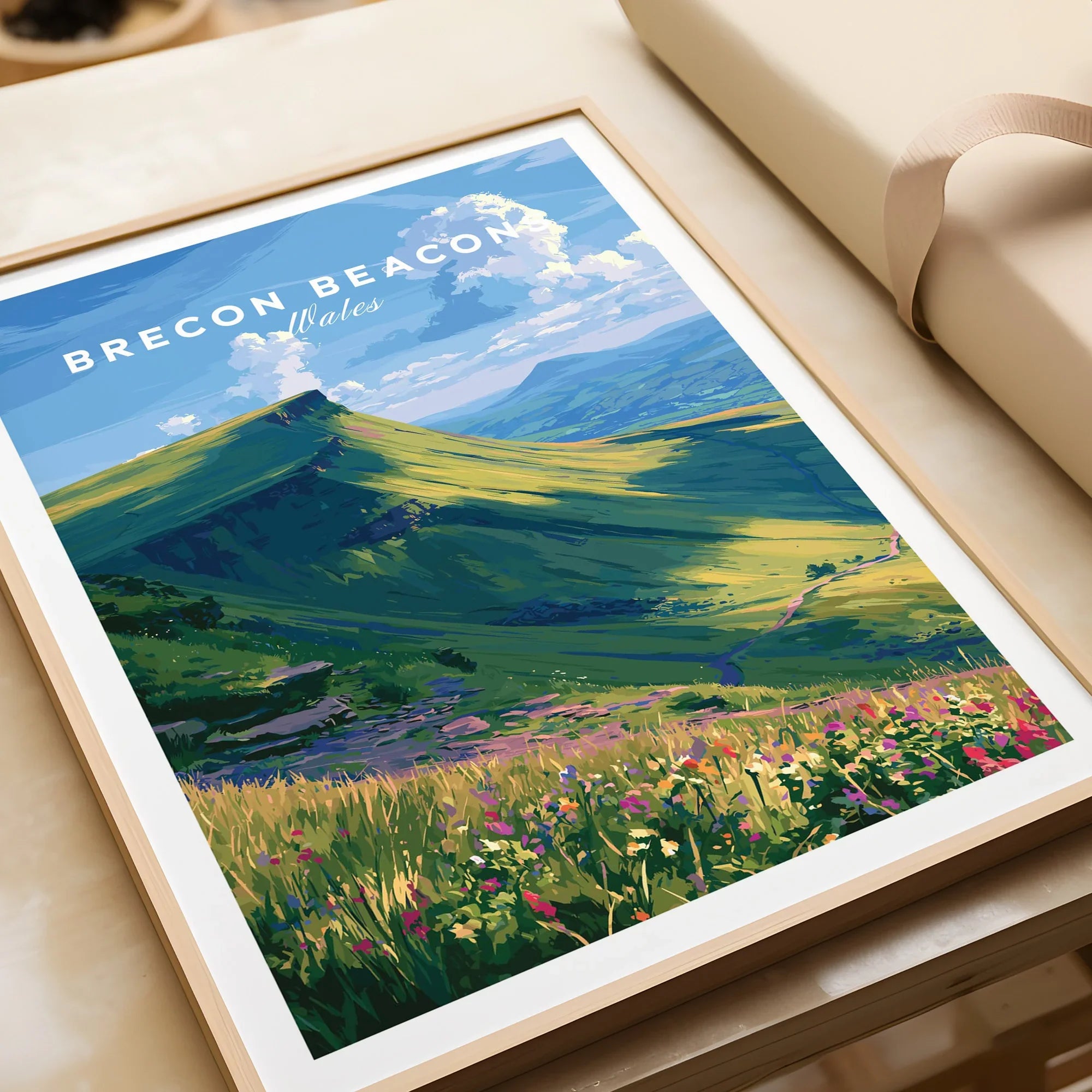 Brecon Beacons Wales Mountains Travel Poster — framed art print closeup gift unwrapped natural frame