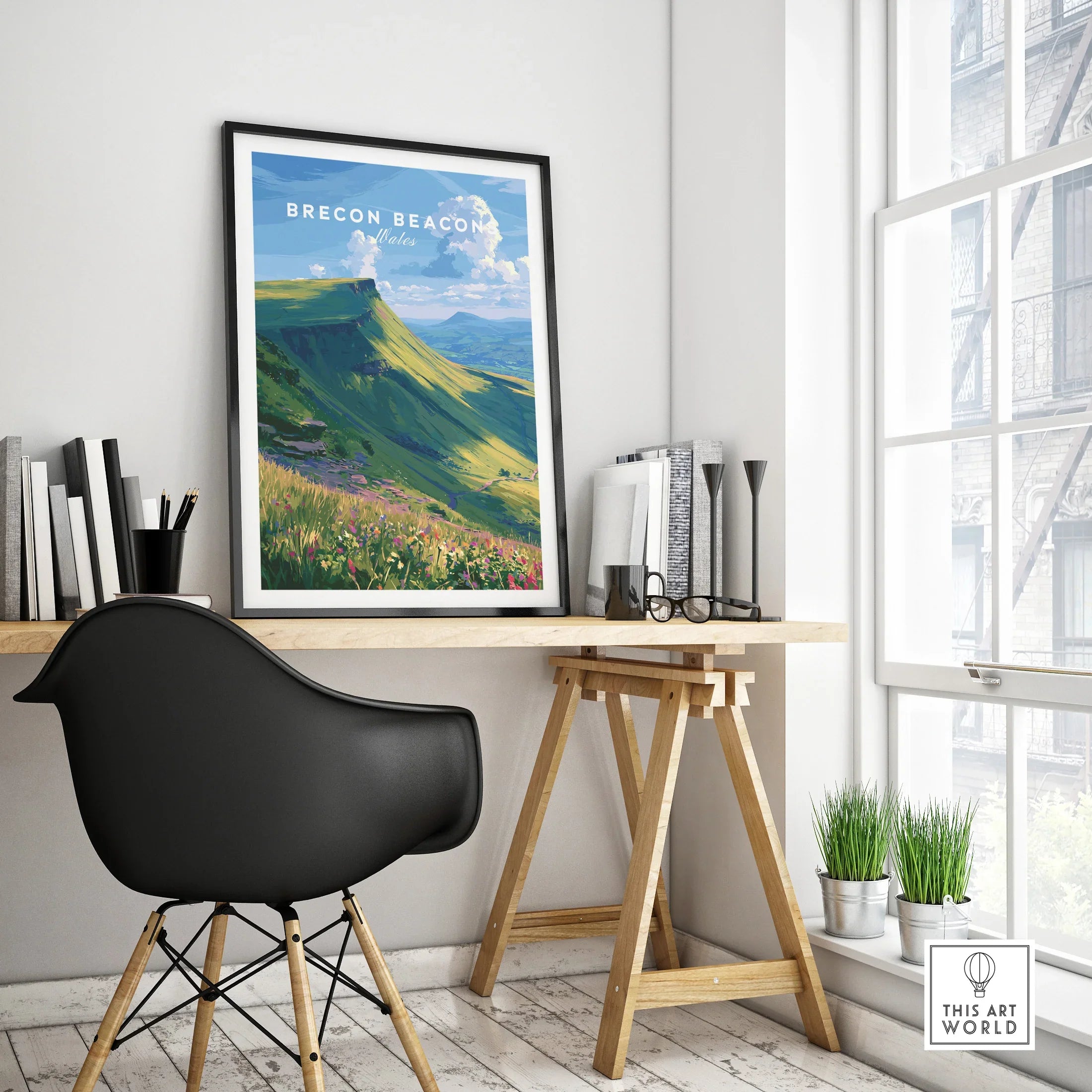 Brecon Beacons Wales Mountains Travel Poster — framed poster black frame on office desk modern